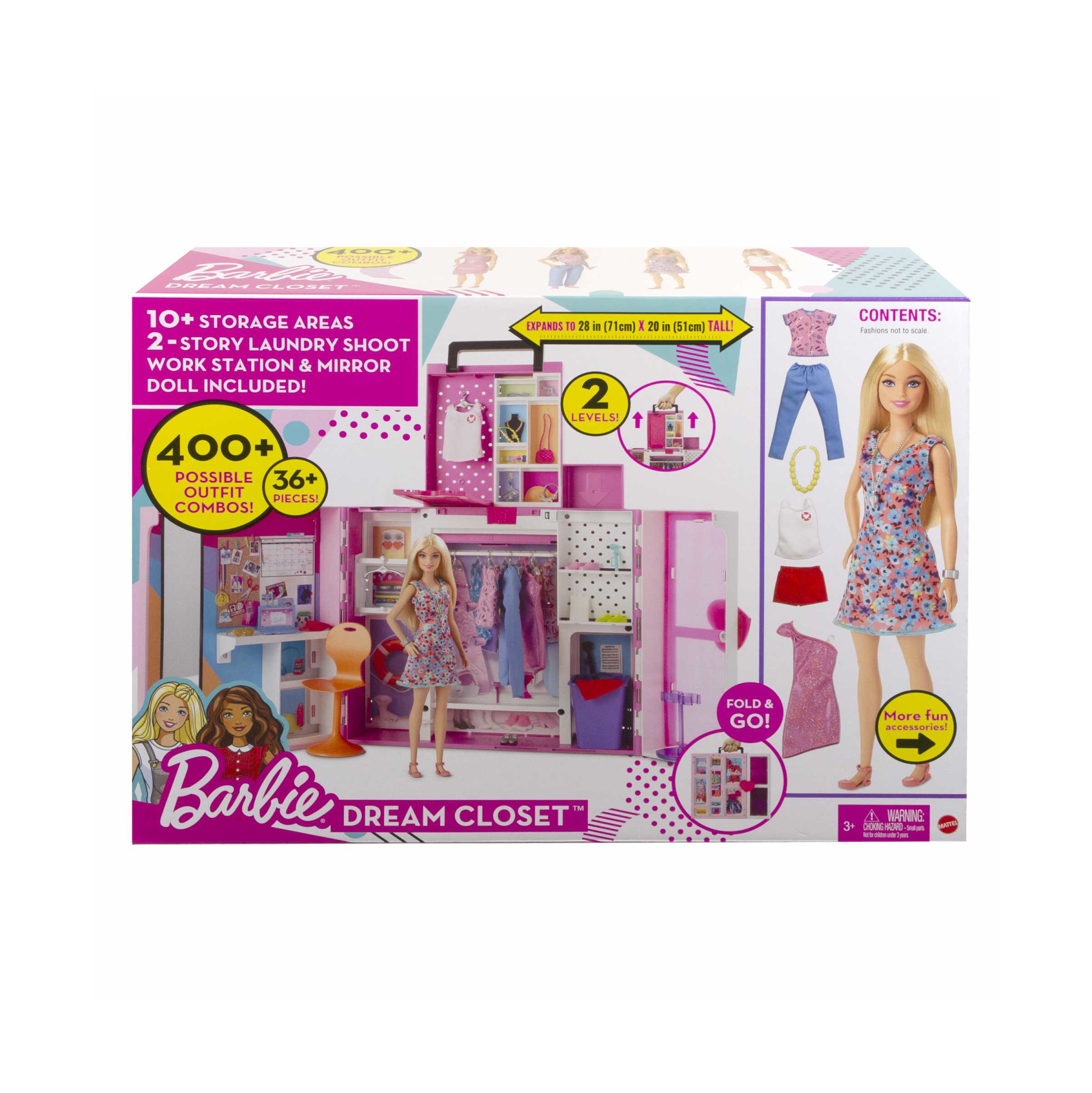 Barbie armadio dei sogni playset con bambola bionda, largo più di 60 cm, 15+ aree per riporre gli accessori, specchio, scivolo per biancheria, 30+ outfit e accessori, dai 3 anni in su - Barbie