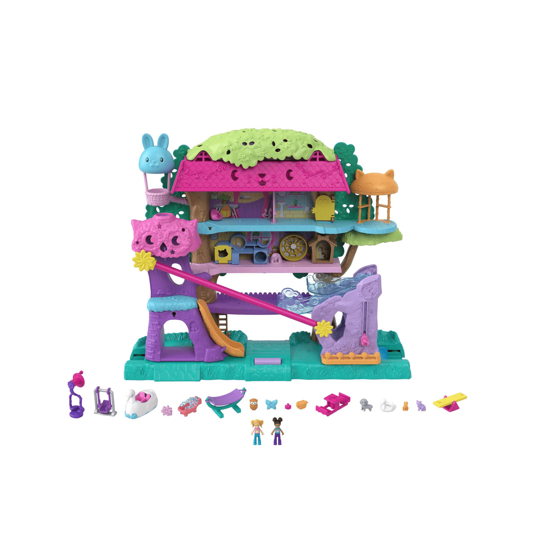 Polly pocket pollyville casa sull'albero dei cuccioli, playset a 5 piani, 15+ pezzi gioco: 2 bambole, veicolo, 4 animali e accessori, giocattolo per bambini 4+ anni - Polly Pocket