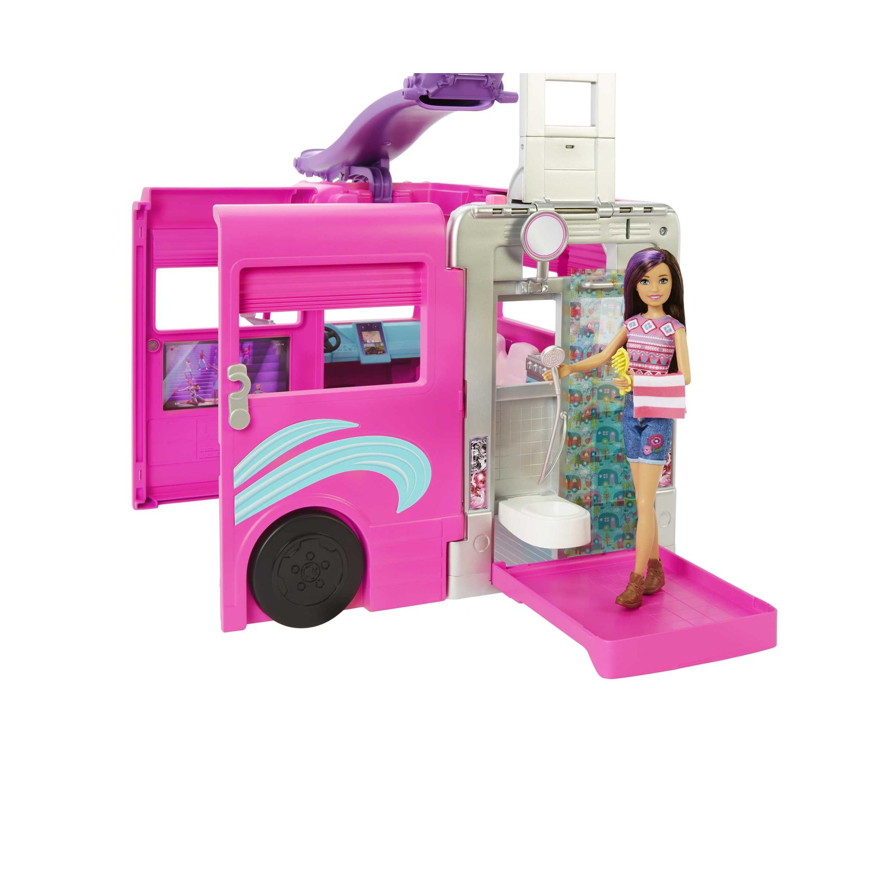 Barbie camper dei sogni playset con veicolo con ruote funzionanti, 7 aree  gioco, piscina, scivolo e +60 accessori, giocattolo per bambini 3+ anni -  Toys Center