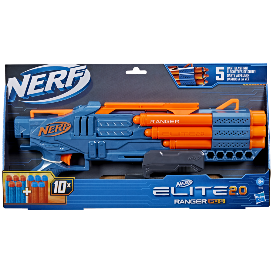 Nerf elite 2.0, blaster ranger pd-5, raffica a 5 canne, 10 dardi nerf elite, facile da usare, portadardi, azione a pompa - NERF