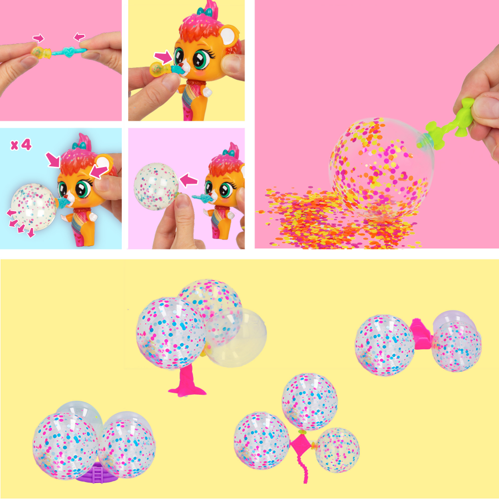 Bubiloons confetti party, 12+ bambole animaletto che gonfiano palloncini di coriandoli da collezionare, ideali per bambini e bambine da 3 anni in su - 