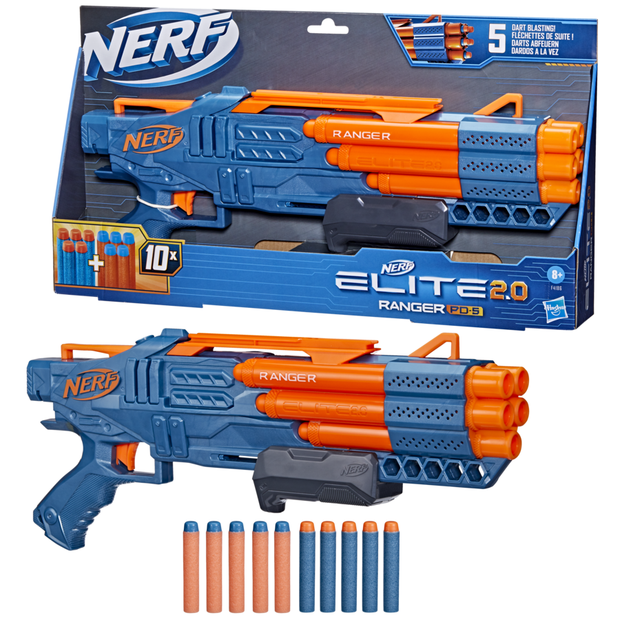 Nerf elite 2.0, blaster ranger pd-5, raffica a 5 canne, 10 dardi nerf elite, facile da usare, portadardi, azione a pompa - NERF