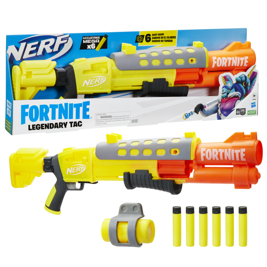 Nerf, fortnite legendary, blaster tac, design con copertura gialla, tamburo  a 6 dardi, 6 dardi nerf mega accustrike - Toys Center