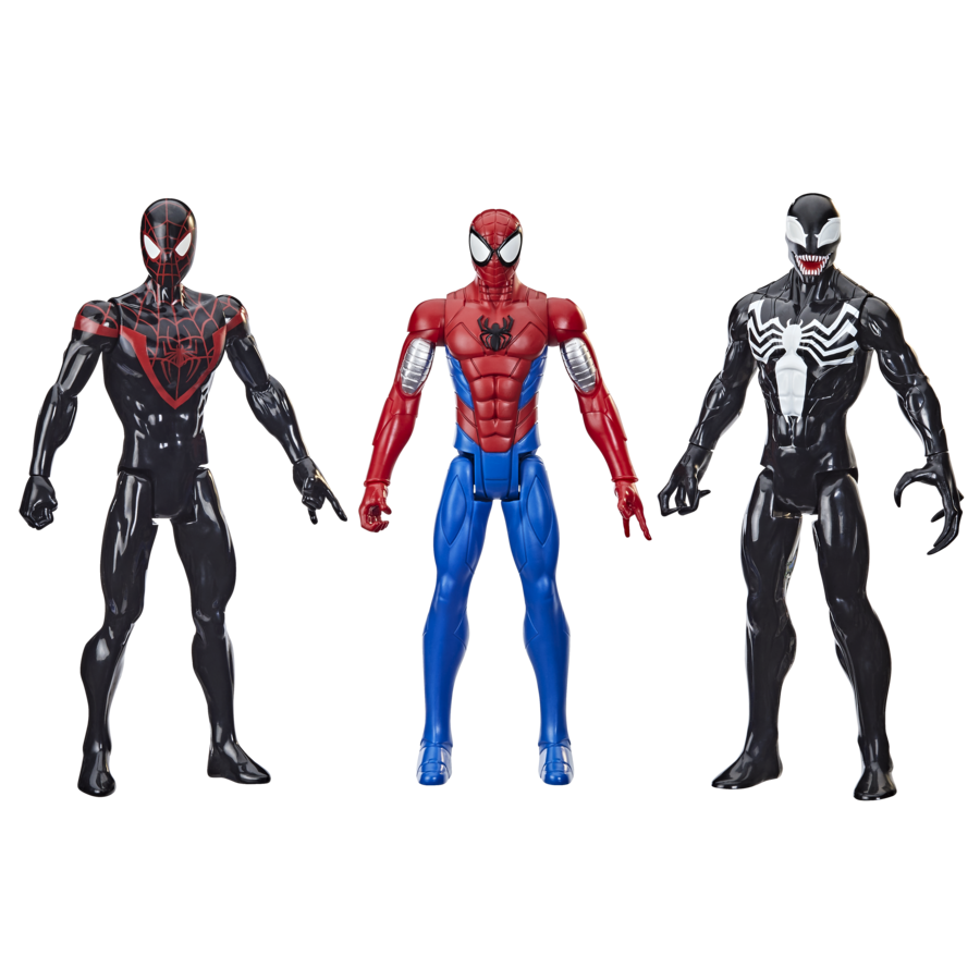 Hasbro marvel spider-man, titan hero series, confezione tripla con action figure da 30 cm di spider-man (miles morales), spider-man corazzato e venom - Spiderman