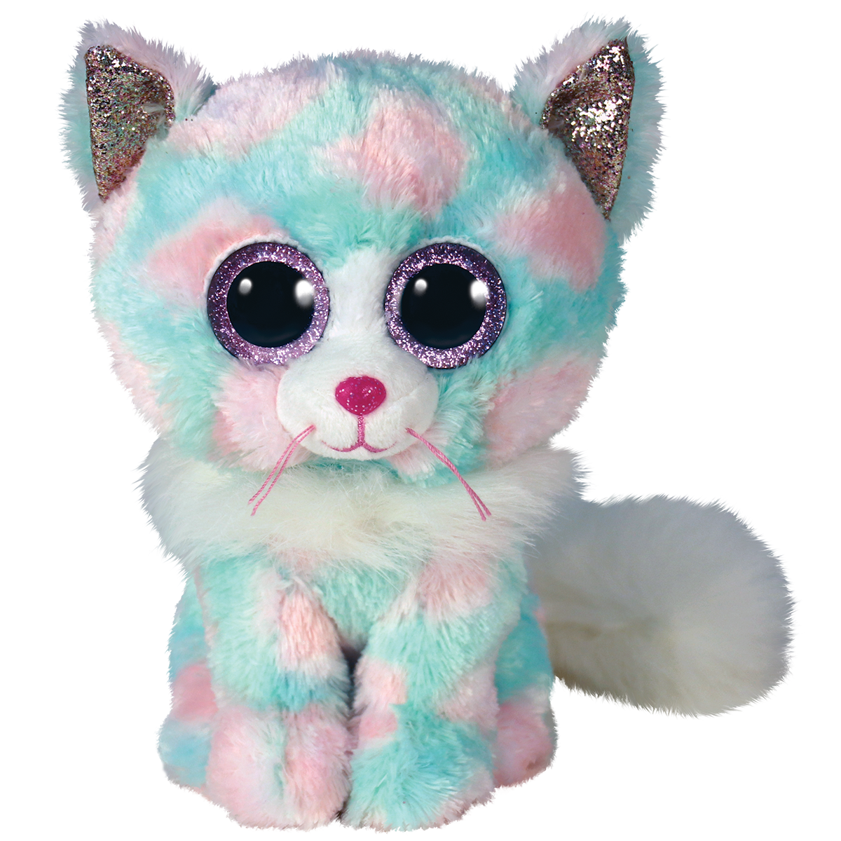 Ty - peluche - beanie boos - gatto - opal - azzurro, bianco e rosa - gattino con occhioni e orecchie glitter viola - il morbido pupazzo con gli occhi grandi scintillanti - 28 cm - 37288 - TY