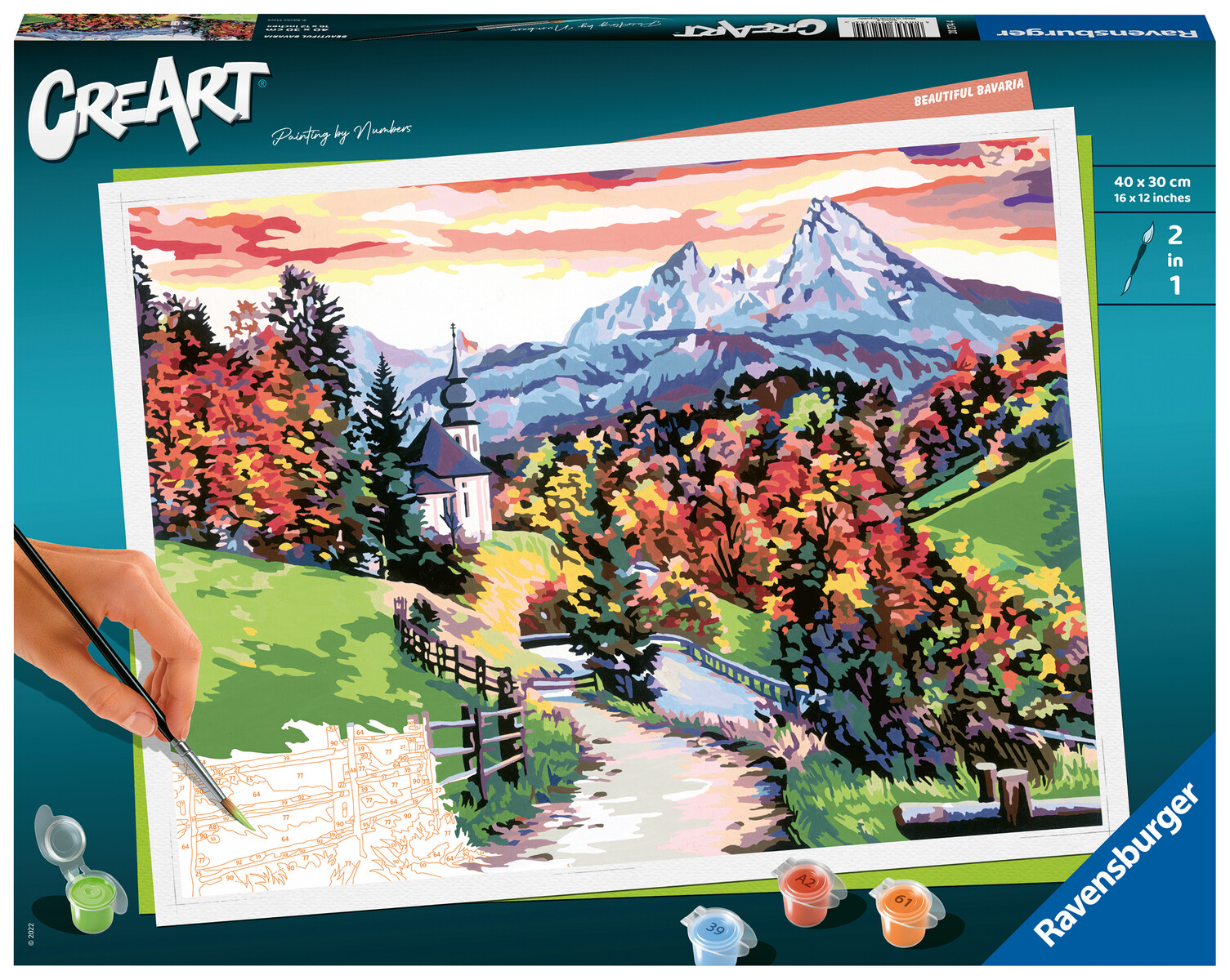 Ravensburger - creart paesaggio prealpino, kit per dipingere con i numeri, contiene tavola prestampata 40x30 cm, pennello, colori e accessori, gioco creativo per adulti 14+ anni - CREART