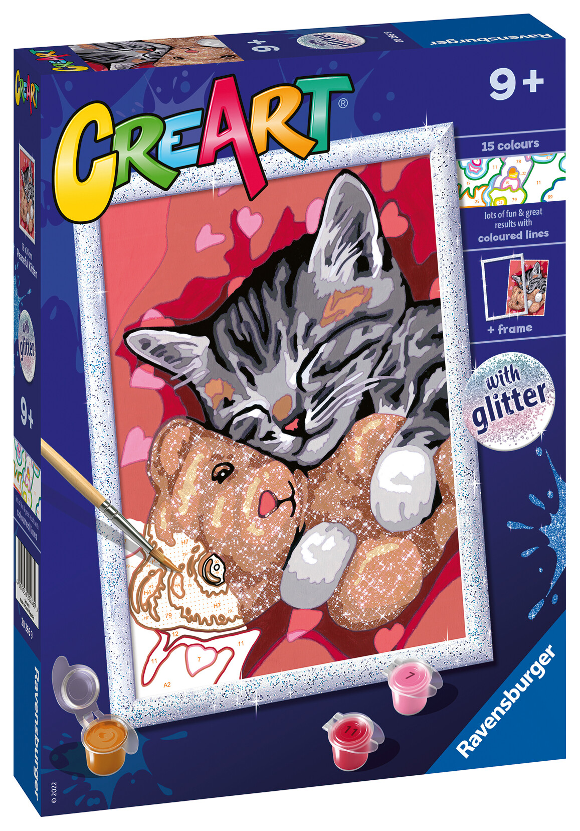 Ravensburger - creart serie d: gattino e il suo orsetto, kit per dipingere con i numeri, contiene una tavola prestampata, pennello, colori e accessori, gioco creativo per bambini 9+ anni - CREART