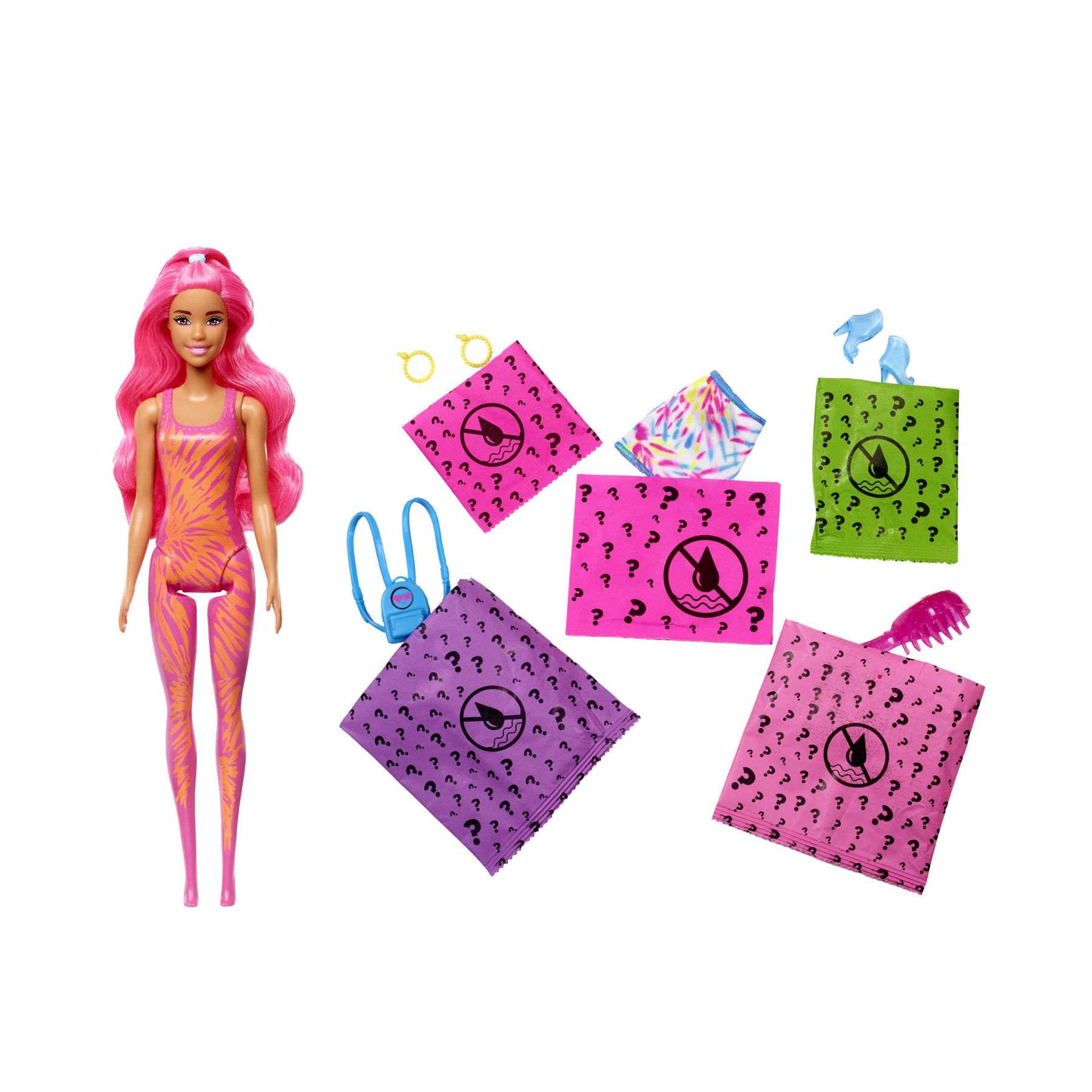 Barbie - color reveal serie fluo, bambola con 7 sorprese ed effetto cambia colore; giocattolo per bambini 3+ anni - Barbie
