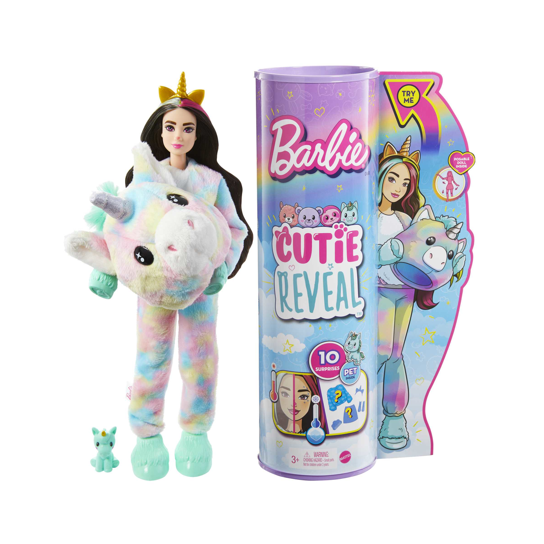 Barbie cutie reveal, bambola con costume da unicorno e 10 sorprese, con cucciolo effetto cambia colore, giocattolo per bambini 3+ anni - Barbie