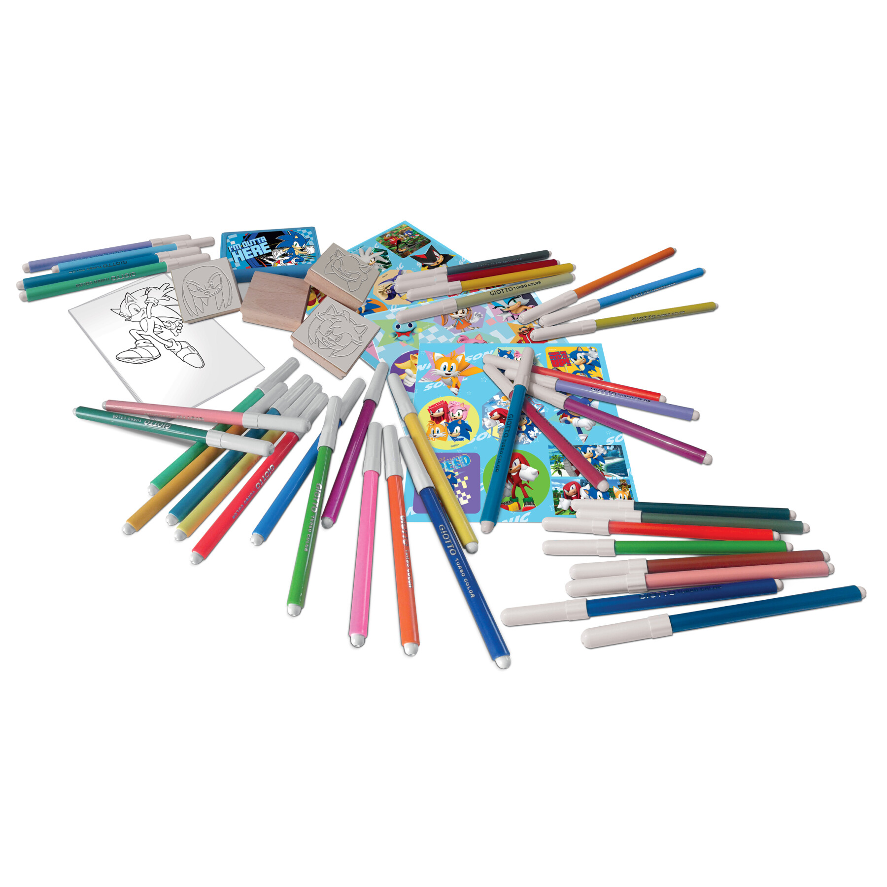 Multiprint – set 4 timbri per bambini e 60 pennarelli colorati sonic - Sonic