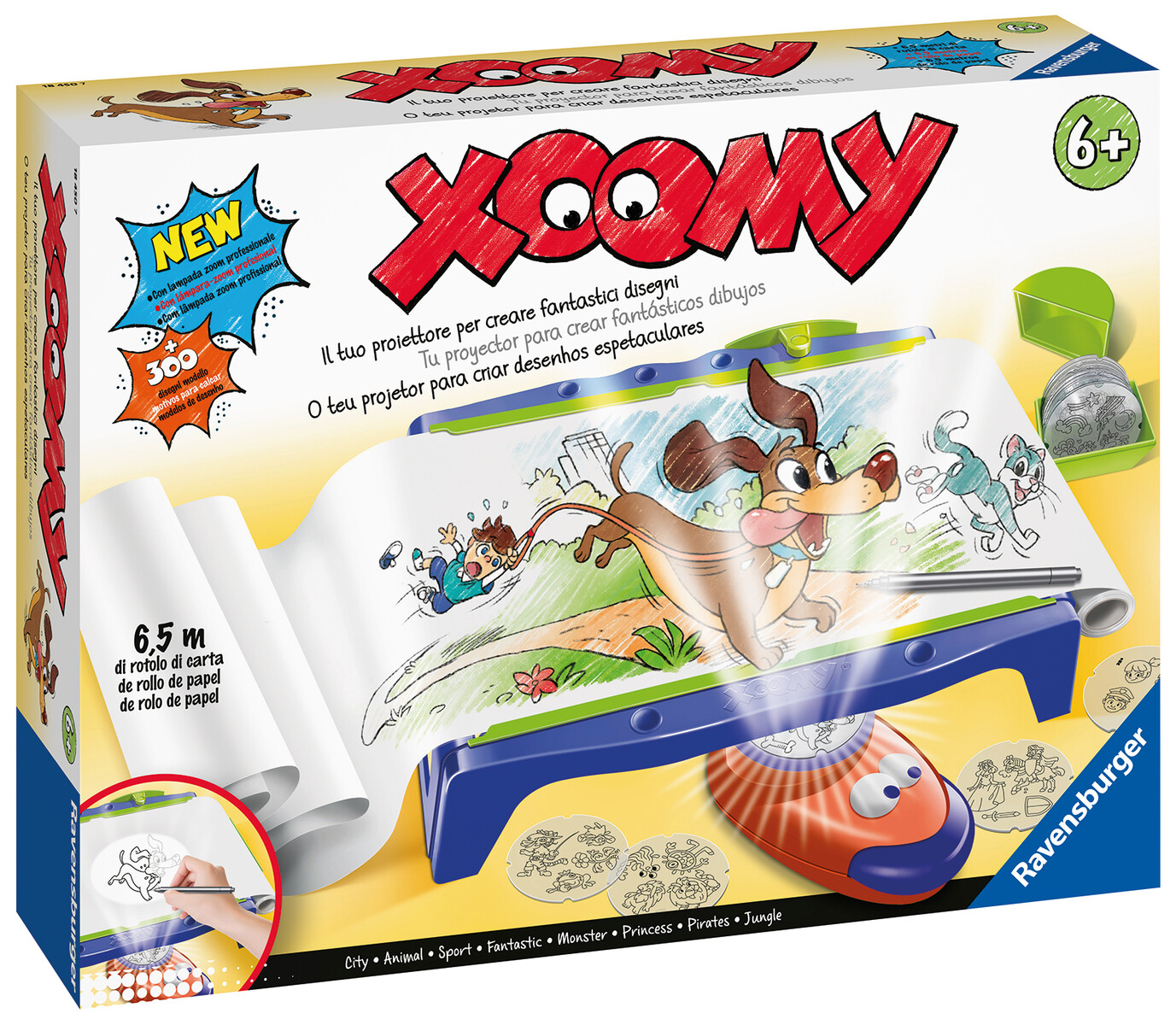 Ravensburger - xoomi maxi paper roll, tavolo da disegno con rotolo di carta e proiettore luminoso, 300 motivi illustrati in 72 pellicole, gioco creativo per bambini e bambine, 6+ anni - 