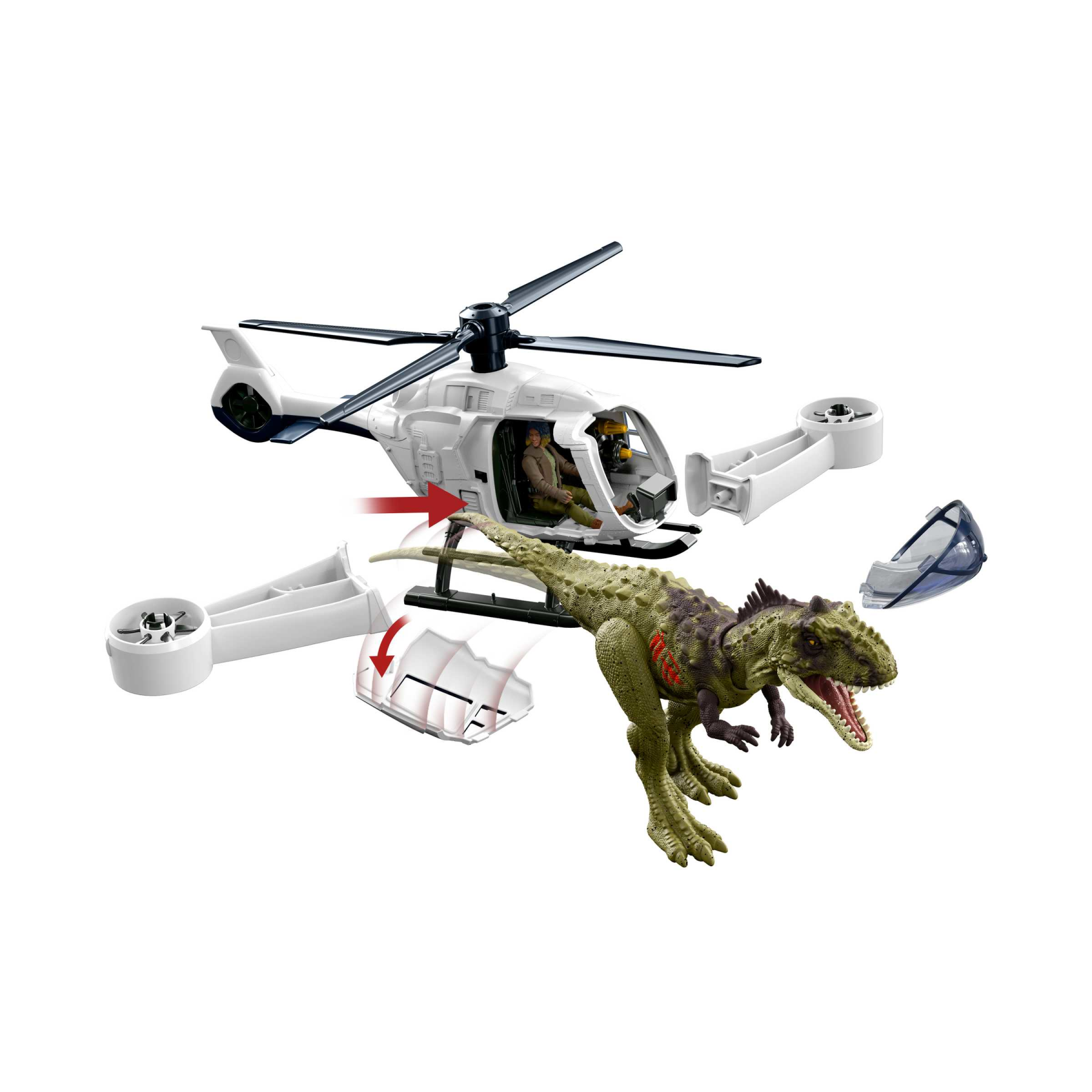 ​jurassic world - pacchetto da combattimento per elicottero, elicottero con fughe, rajasaurus dino e kayla action figure, giocattolo per bambini 4+ anni - Jurassic World