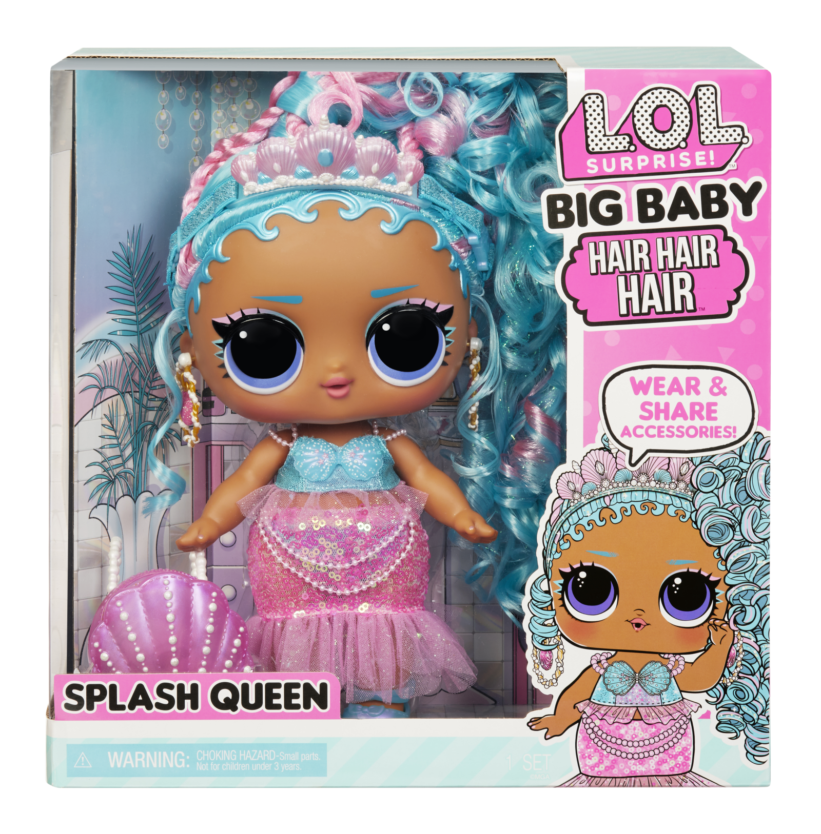 Lol surprise big baby hair hair hair bambola grande - splash queen - bambola da 28cm con 14 sorprese tra cui accessori da condividere - LOL