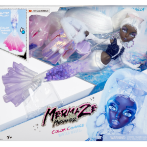 Mermaze mermaidz winter waves - crystabella - include bambola alla moda sirena, pinna che cambia colore, coda glitterata e accessori - 