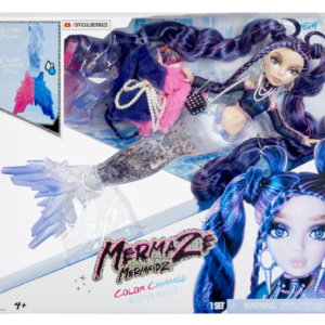 Mermaze mermaidz winter waves - nera - include bambola alla moda sirena, pinna che cambia colore, coda glitterata e accessori - 