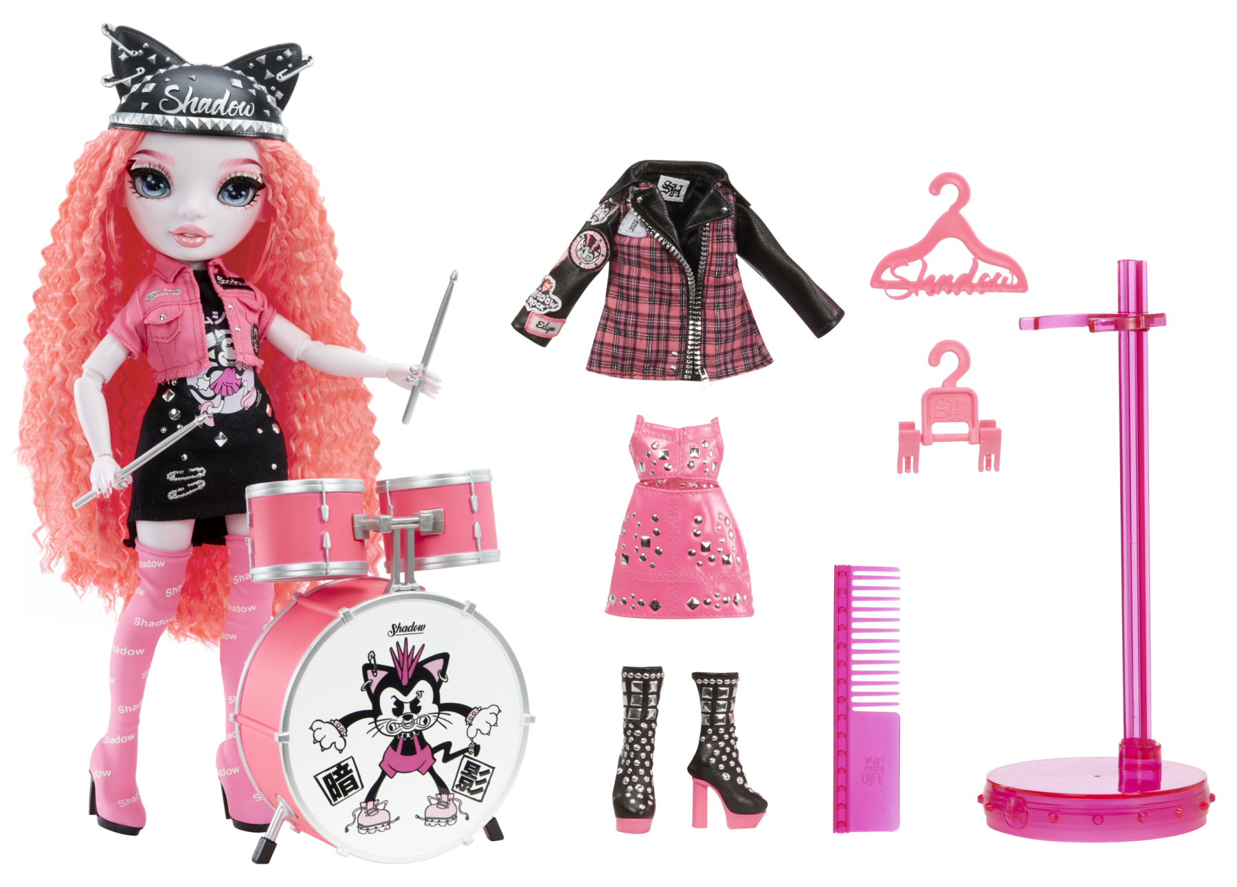 Shadow high rainbow vision neon shadow - mara pinkett - bambola alla moda rosa elettrico, accessori per rock band e outfit - Rainbow High