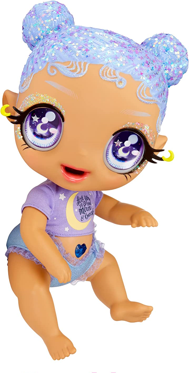 Mga's glitter babyz - selena stargazer - bambola con 3 cambi di colore, capelli viola glitterati, vestito con luna e stelle, accessori, biberon e ciuccio - GLITTER BABYZ