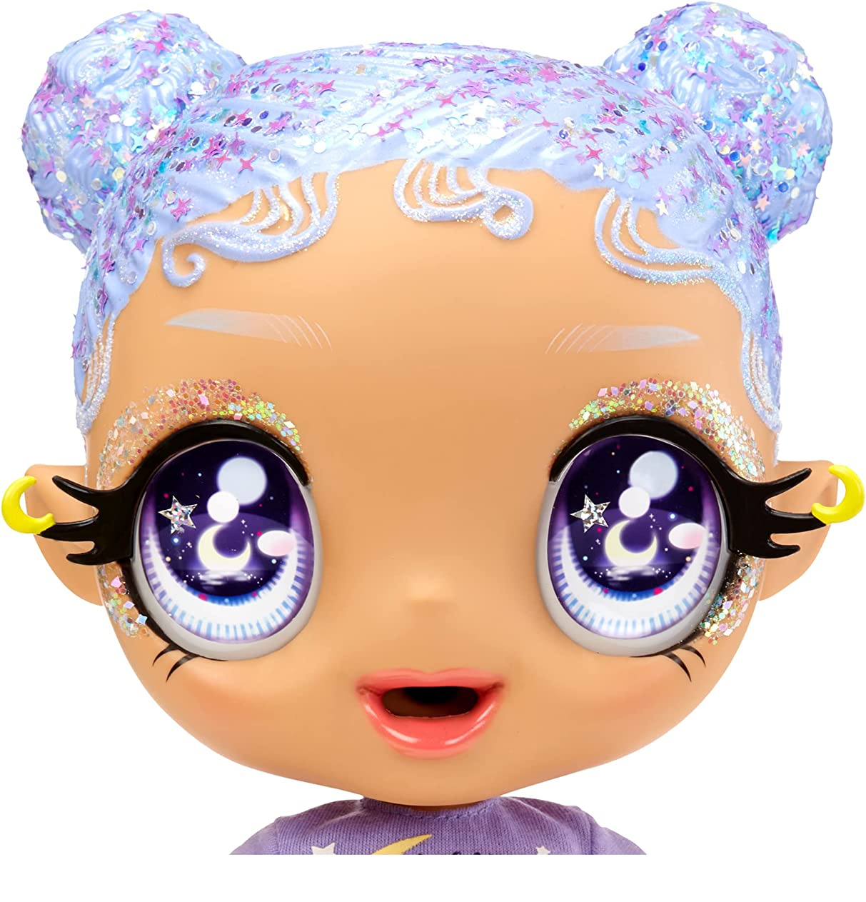 Mga's glitter babyz - selena stargazer - bambola con 3 cambi di colore, capelli viola glitterati, vestito con luna e stelle, accessori, biberon e ciuccio - GLITTER BABYZ