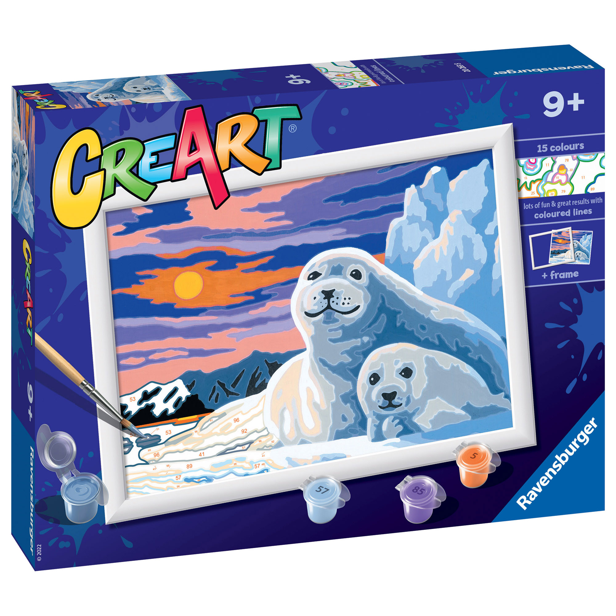 Ravensburger - creart serie d: foche sul ghiaccio, kit per dipingere con i numeri, contiene una tavola prestampata, pennello, colori e accessori, gioco creativo per bambini 9+ anni - CREART