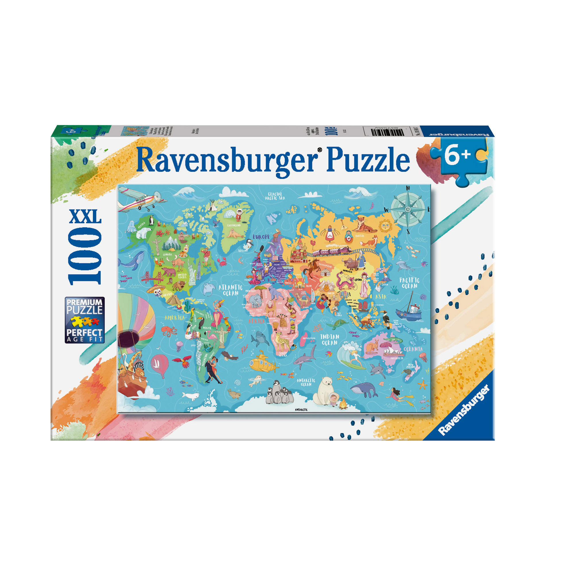 Ravensburger - puzzle mappa del mondo, 100 pezzi xxl, età raccomandata 6+ anni - RAVENSBURGER