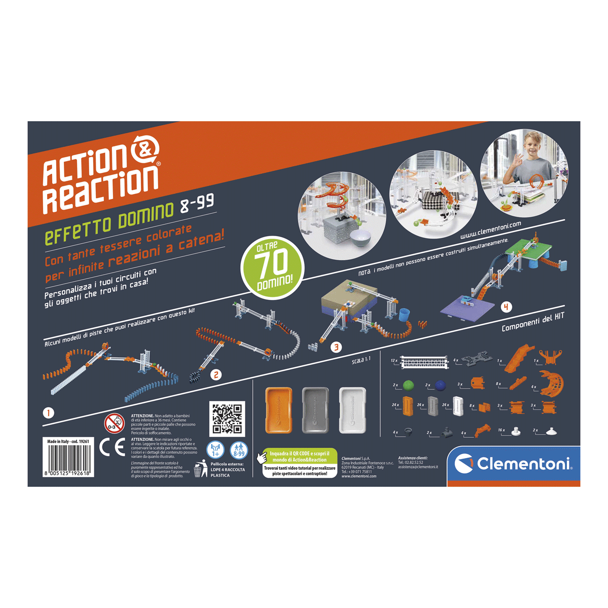 Clementoni - action & reaction - effetto domino, pista biglie - 