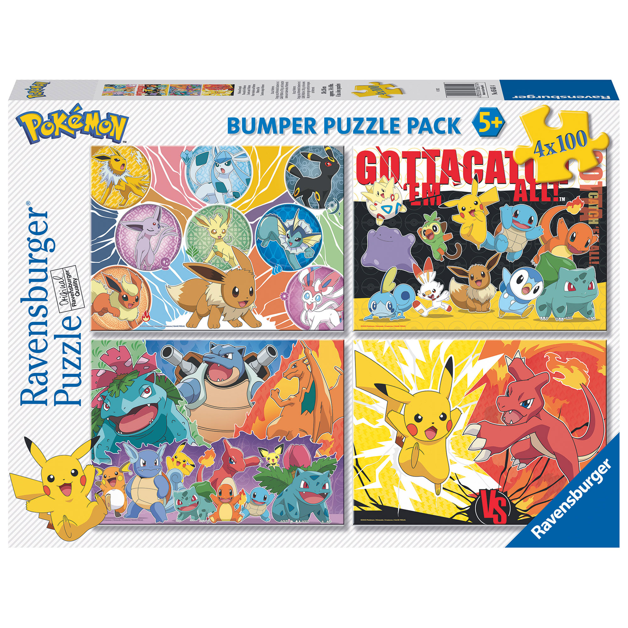 Ravensburger - puzzle pokémon, collezione bumper pack 4x100, 4 puzzle da 100 pezzi, età raccomandata 5+ anni - POKEMON, RAVENSBURGER