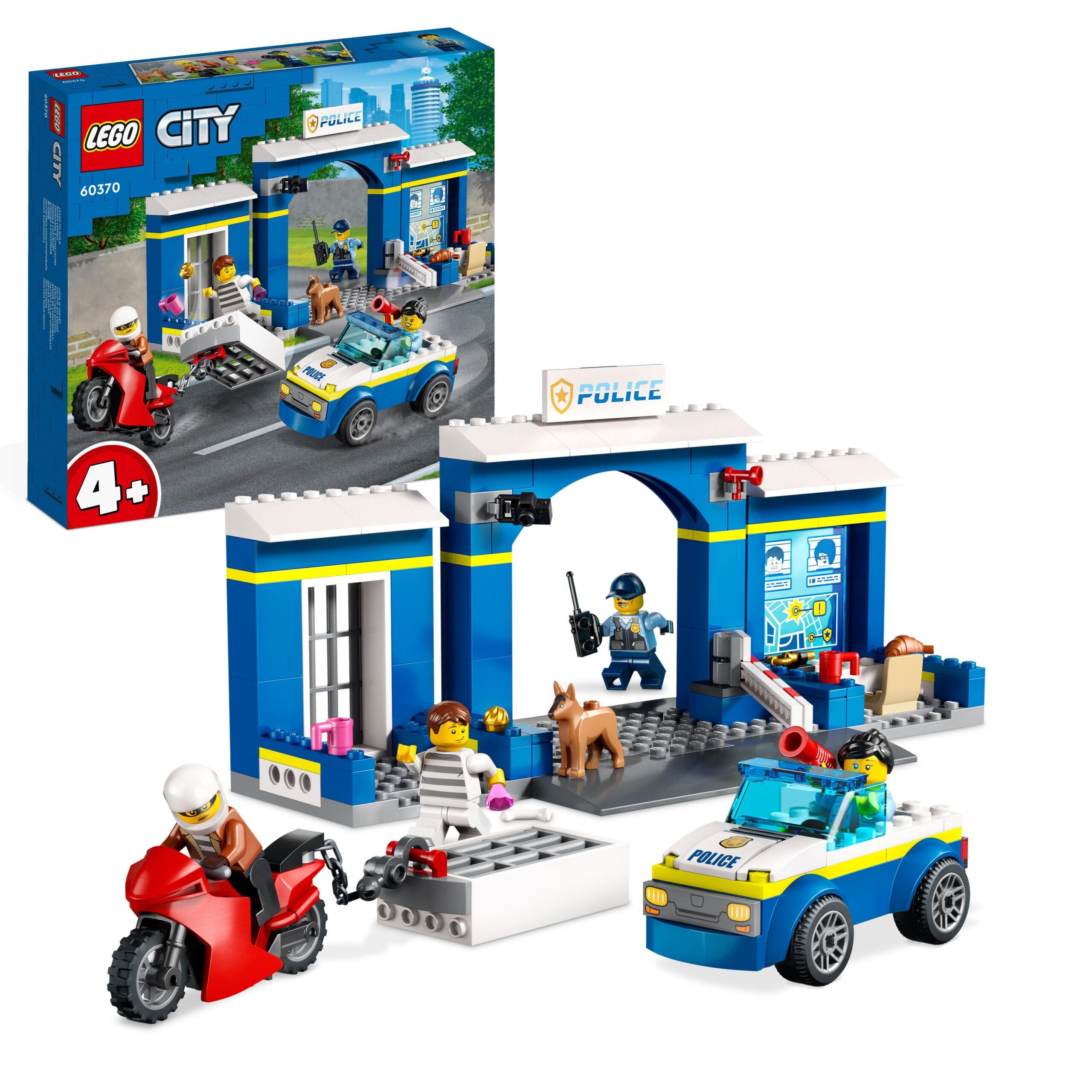 Lego city 60370 inseguimento alla stazione di polizia, macchina e moto giocattolo, minifigure e cane, giochi per bambini 4+ - LEGO CITY