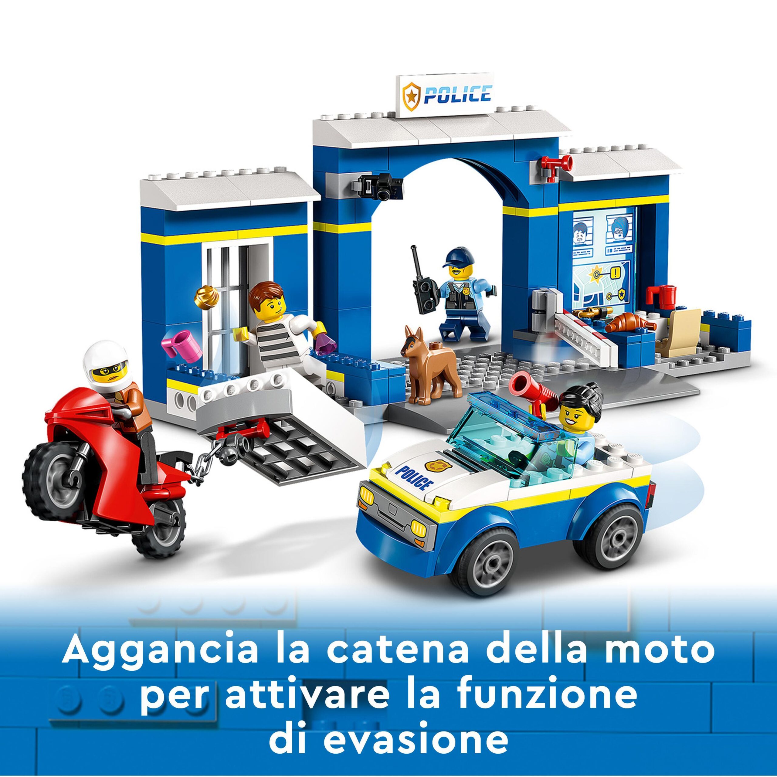 Lego city 60370 inseguimento alla stazione di polizia, macchina e moto giocattolo, minifigure e cane, giochi per bambini 4+ - LEGO CITY