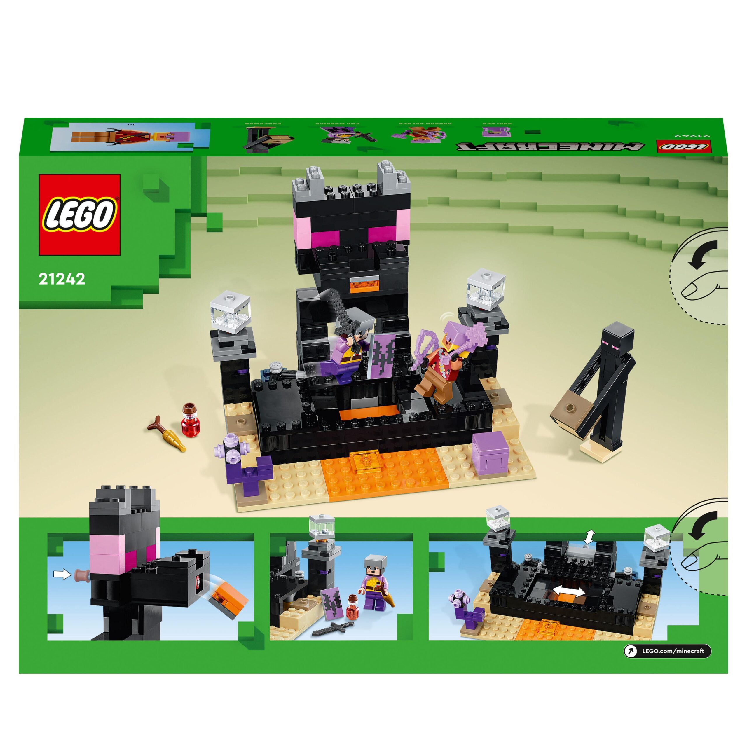 Lego minecraft 21242 the end arena, playset da battaglia con lava, ender drago giocattolo e enderman, giochi per bambini 8+ - MINECRAFT