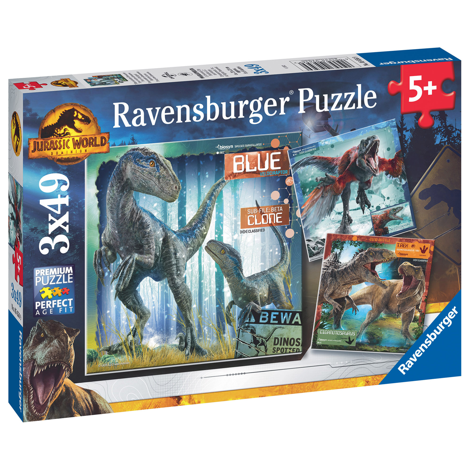 Ravensburger - puzzle jurassic world, collezione 3x49, 3 puzzle da 49 pezzi, età raccomandata 5+ anni - Jurassic World, RAVENSBURGER