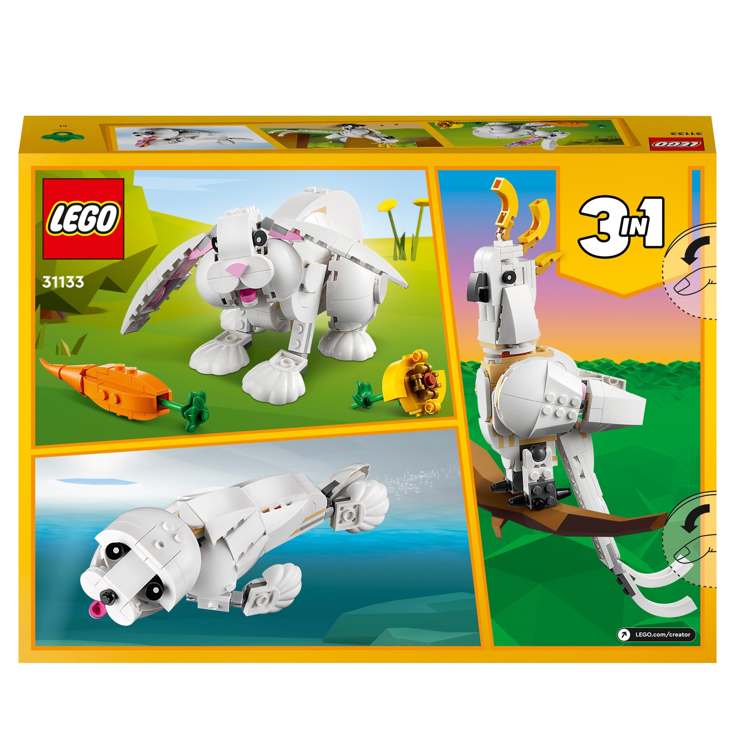 Lego creator 31133 coniglio bianco, set 3in1, costruzioni animali giocattolo coniglietto, foca e pappagallo, giochi per bambini - LEGO CREATOR