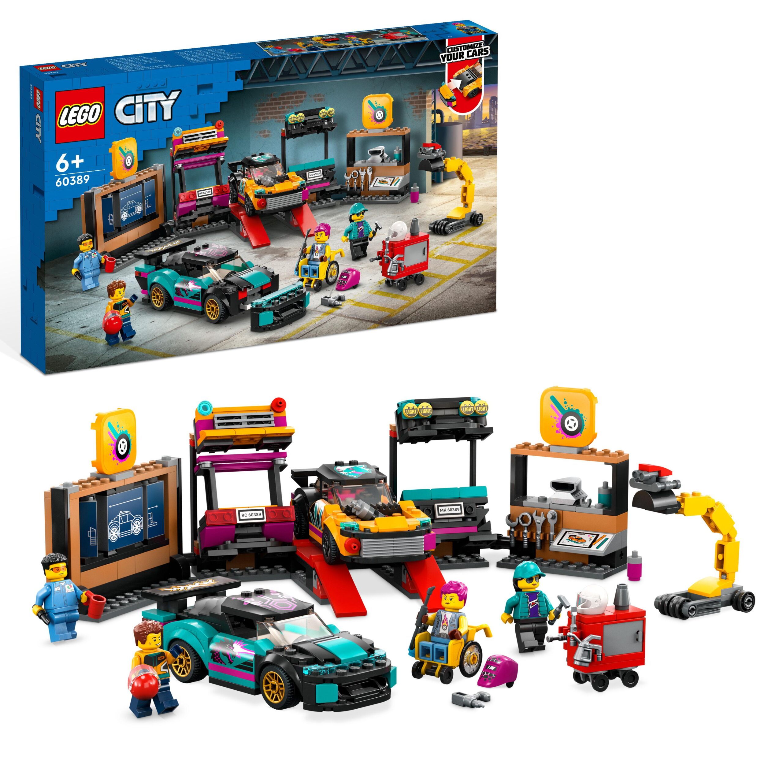 Lego city 60389 garage auto personalizzato con 2 macchine giocattolo personalizzabili, officina e 4 minifigure, idea regalo - LEGO CITY