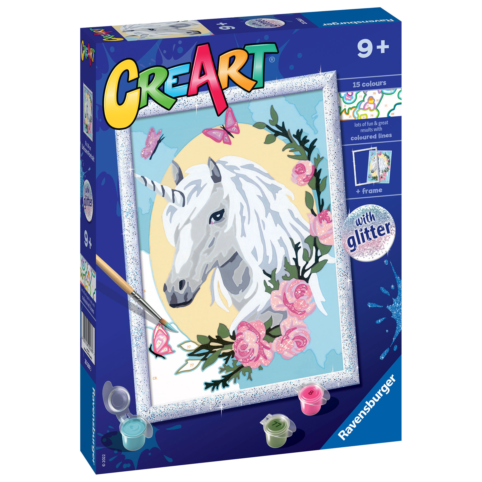 Ravensburger - creart serie d: ritratto di unicorno, kit per dipingere con i numeri, contiene una tavola prestampata, pennello, colori e accessori, gioco creativo per bambini 9+ anni - CREART