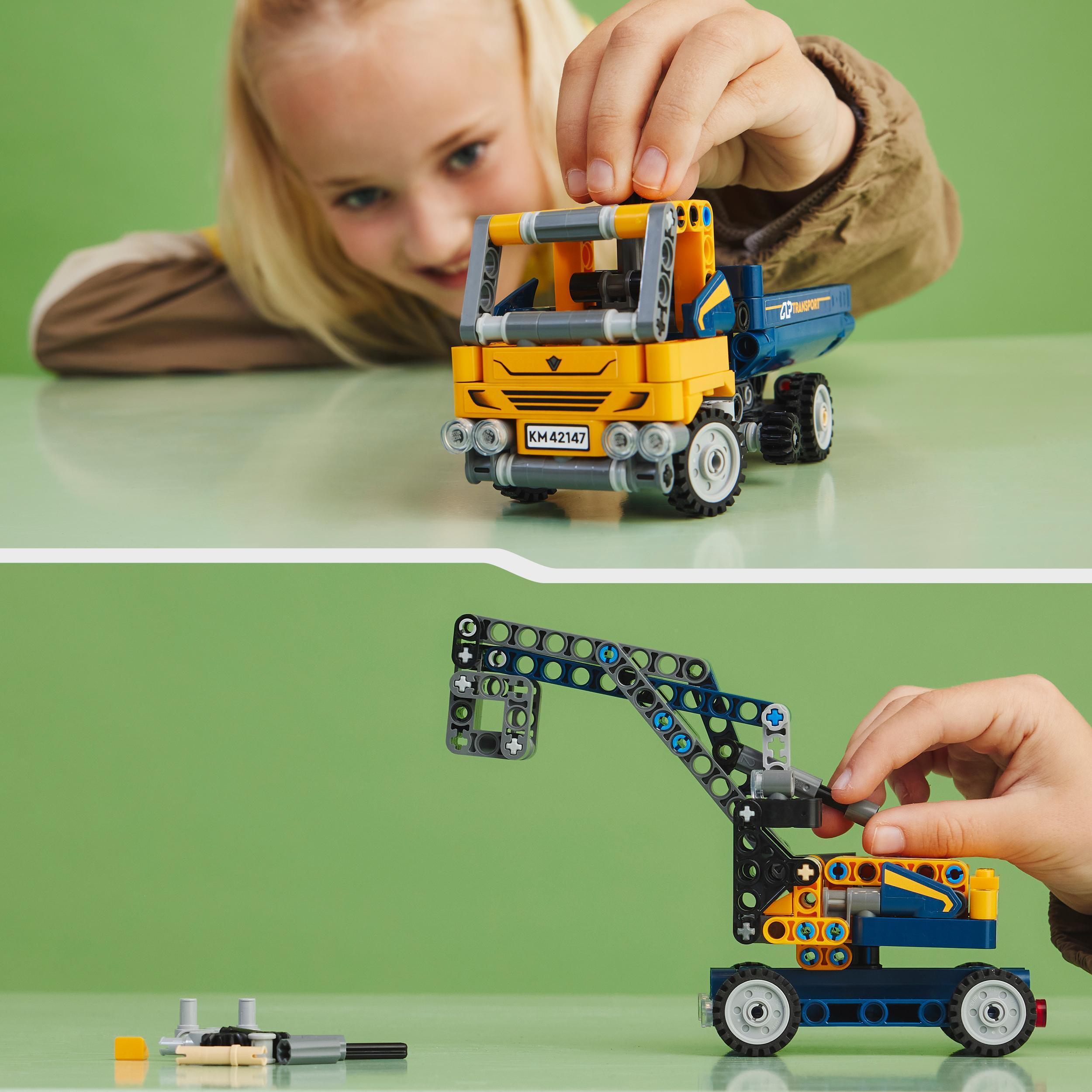 Lego technic 42147 camion ribaltabile, set 2 in 1 con camioncino
