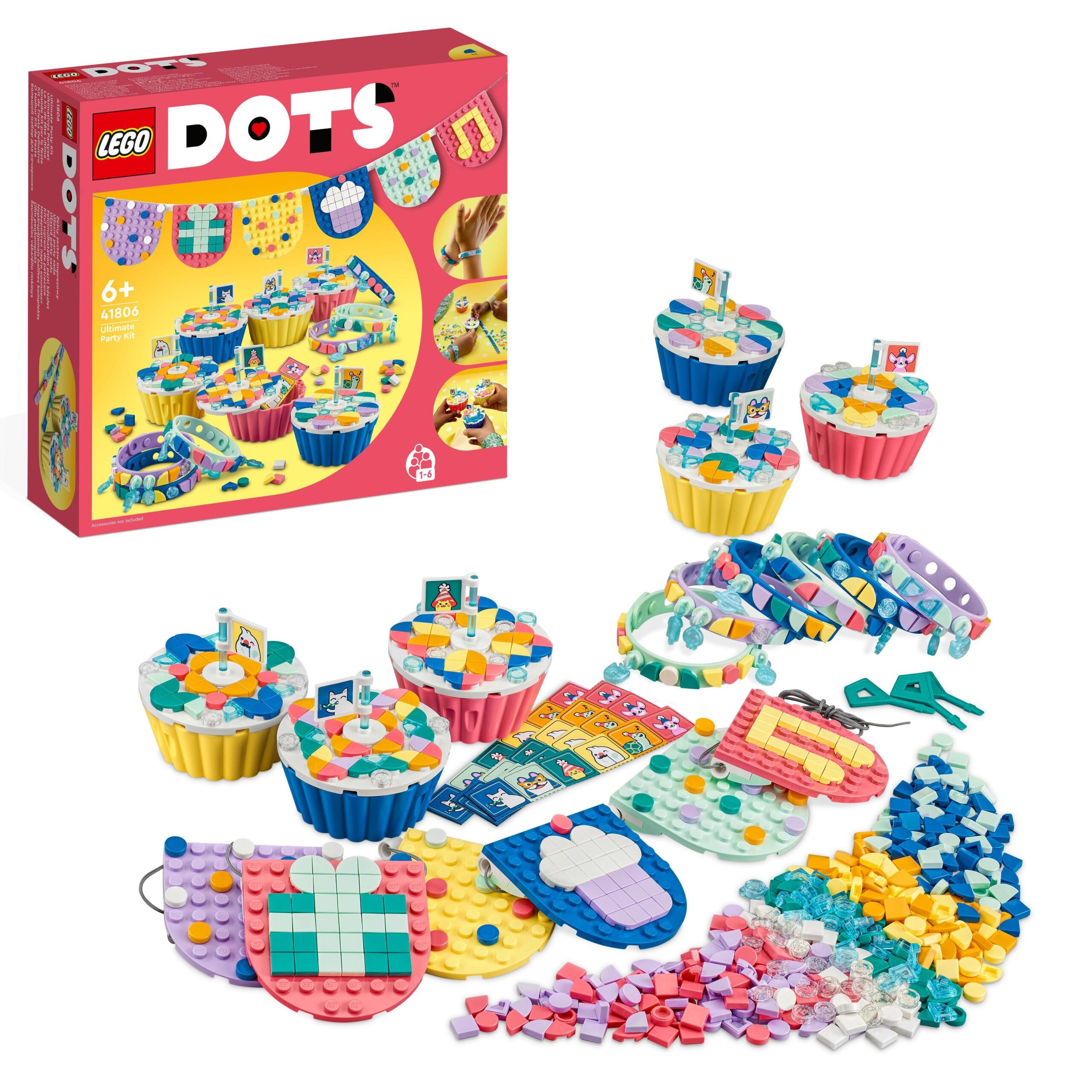 Lego dots 41806 grande kit per le feste, giochi festa compleanno bambini fai da te con cupcake, braccialetti e festoni - DOTS