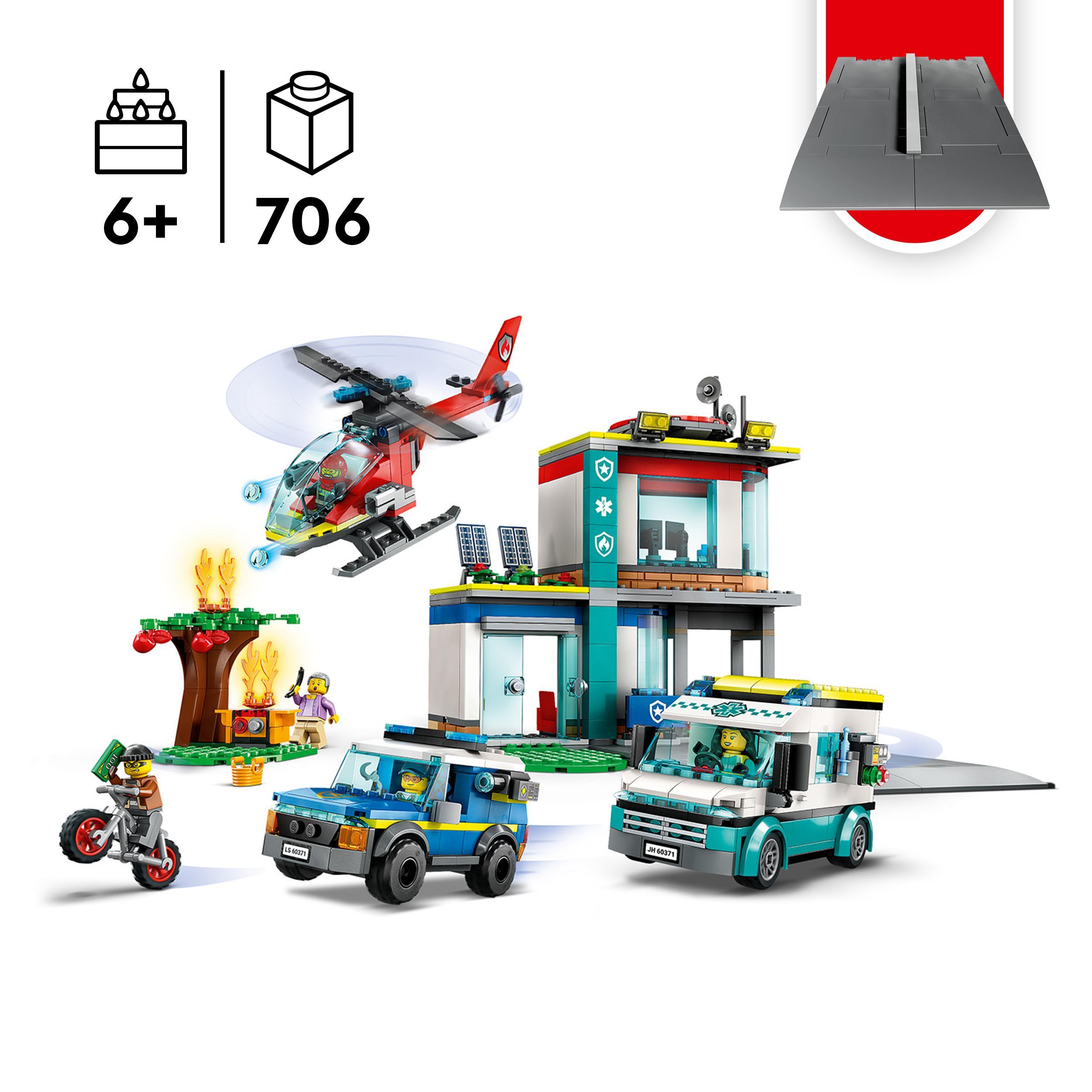 Lego city 60371 quartier generale veicoli d’emergenza con elicottero, ambulanza, macchina polizia, moto giocattolo e minifigure - LEGO CITY