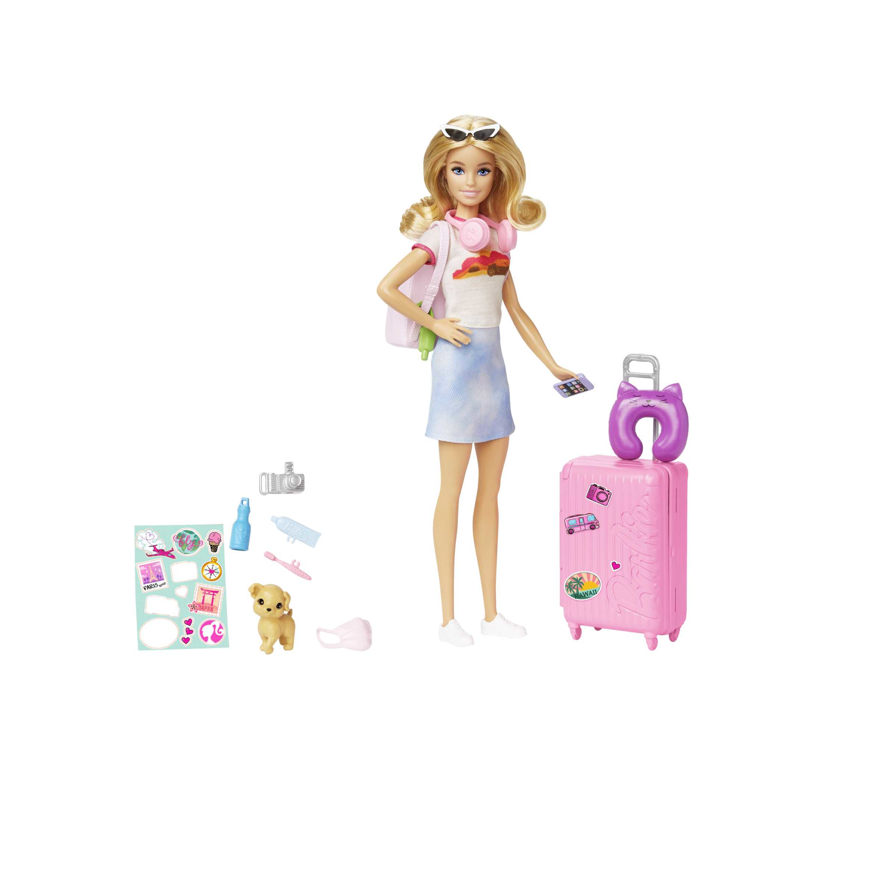 Barbie - set da viaggio "malibu", bambola con cagnolino e valigie con rotelle incluse, 10+ accessori, giocattolo per bambini, 3+ anni, hjy18 - Barbie