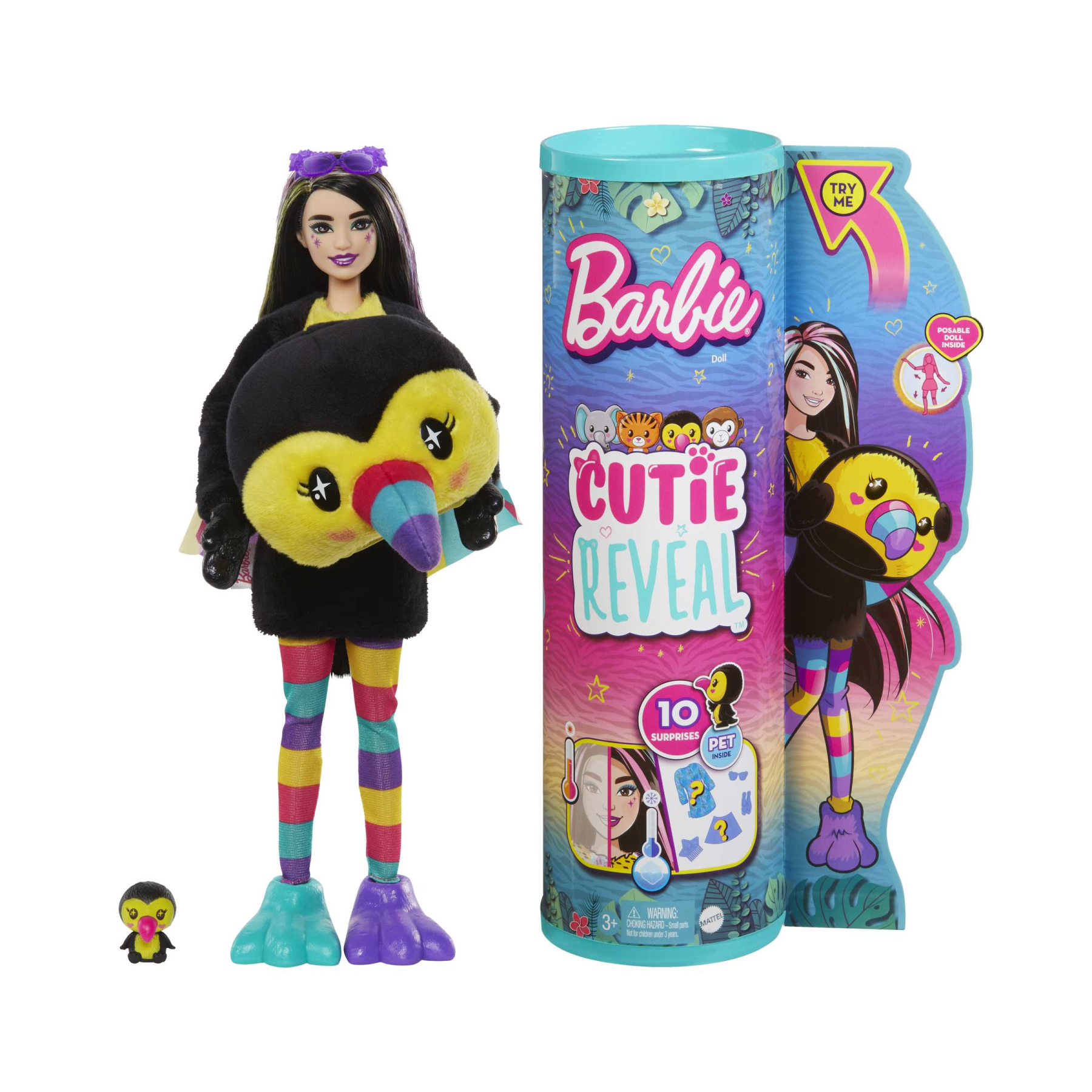 Barbie - barbie cutie reveal tucano, serie amici della giungla, bambola con costume da tucano di peluche e 10 sorprese con tecnologia cambia colore, giocattolo per bambini, 3+ anni, hkr00 - Barbie