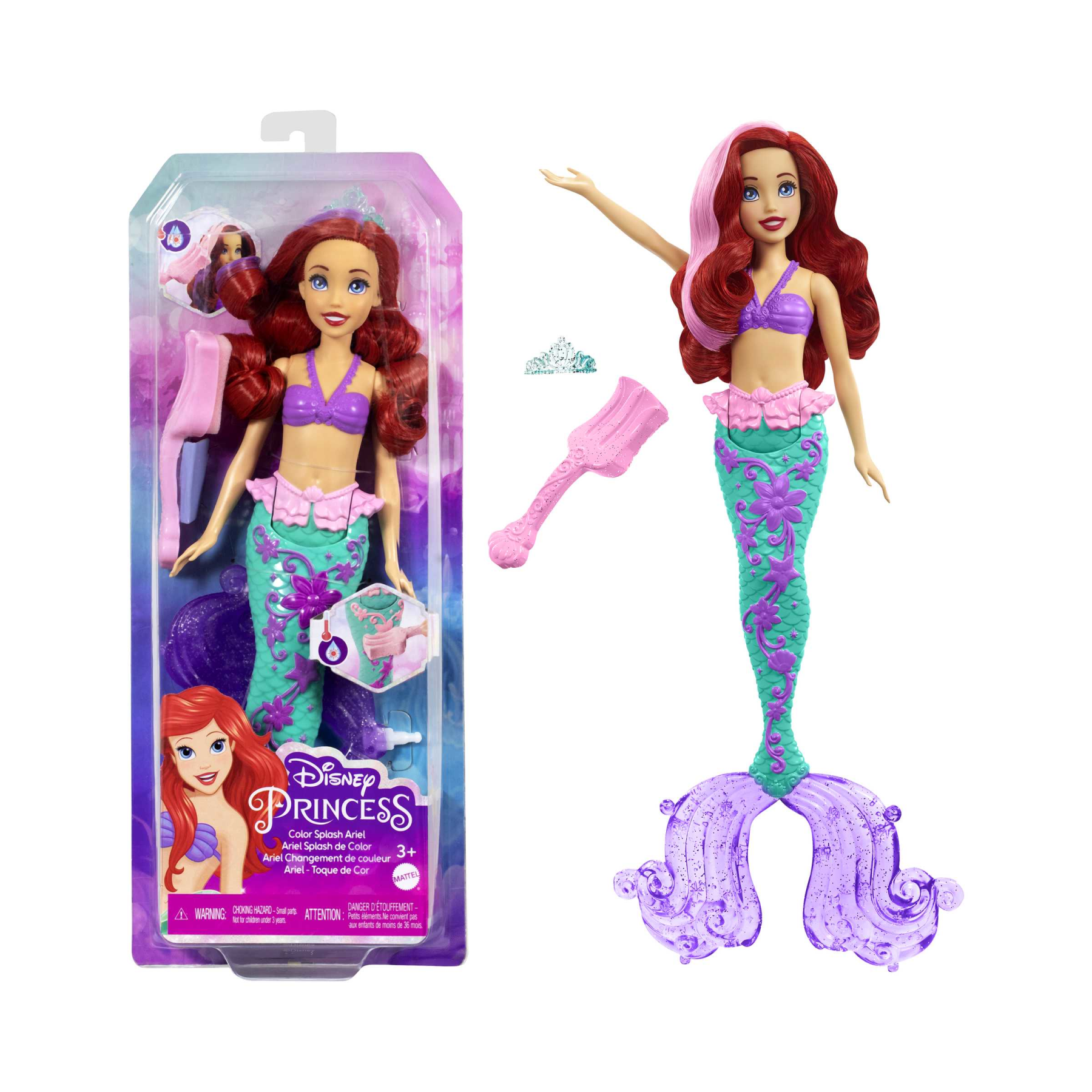 Disney princess - ariel cambia colore, bambola sirenetta con capelli e coda cambia colore, giocattolo acquatico ispirato al film disney, giocattolo per bambini, 3+ anni, hlw00 - DISNEY PRINCESS