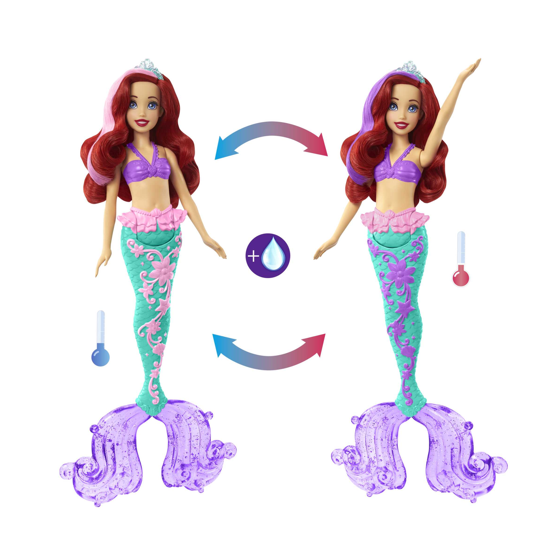 Disney princess - ariel cambia colore, bambola sirenetta con capelli e coda cambia colore, giocattolo acquatico ispirato al film disney, giocattolo per bambini, 3+ anni, hlw00 - DISNEY PRINCESS