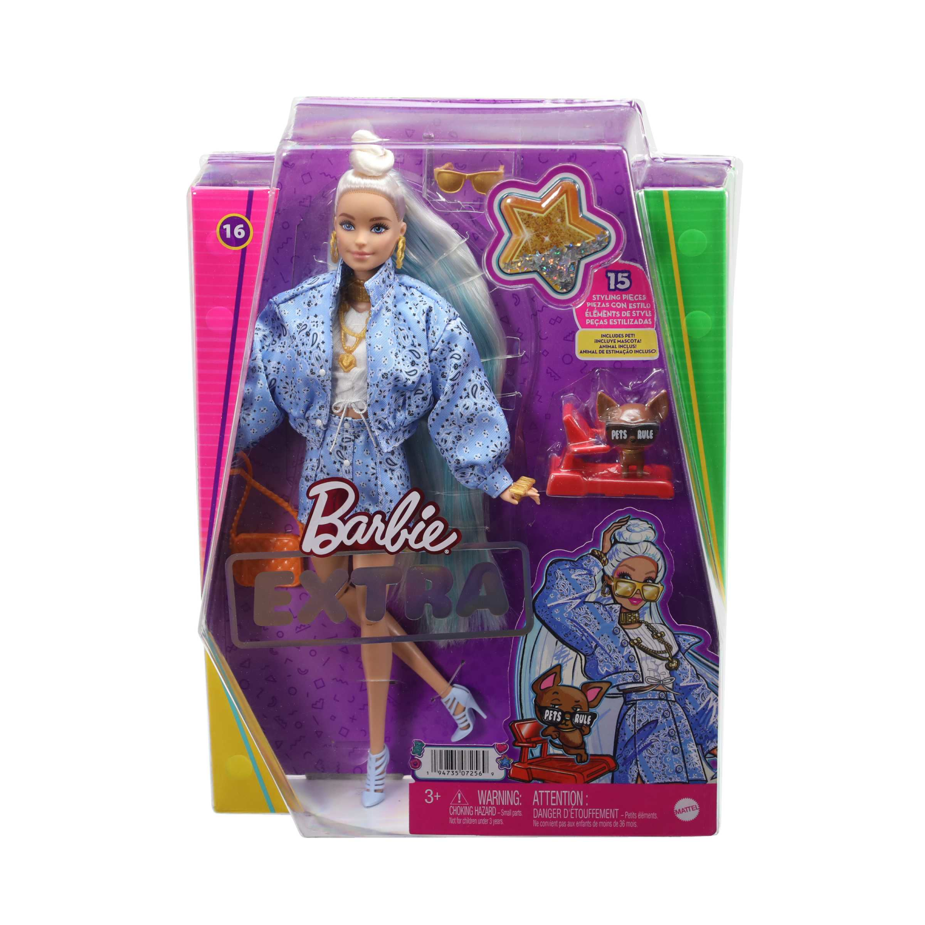 Barbie - barbie extra n.16 con cagnolino, gonna e giacca blu con motivo chachemire, capelli lunghissimi e accessori, giocattolo per bambini, 3+ anni, hhn08 - Barbie
