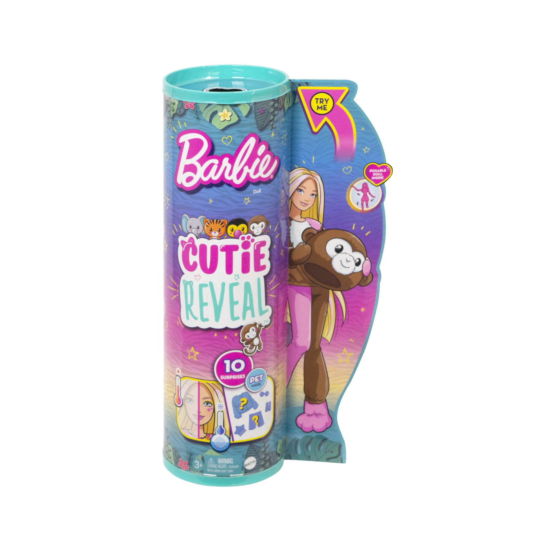 Barbie - barbie cutie reveal scimmia, serie amici della giungla, bambola con costume da scimmietta di peluche e 10 sorprese con tecnologia cambia colore, giocattolo, 3+ anni, hkr01 - Barbie
