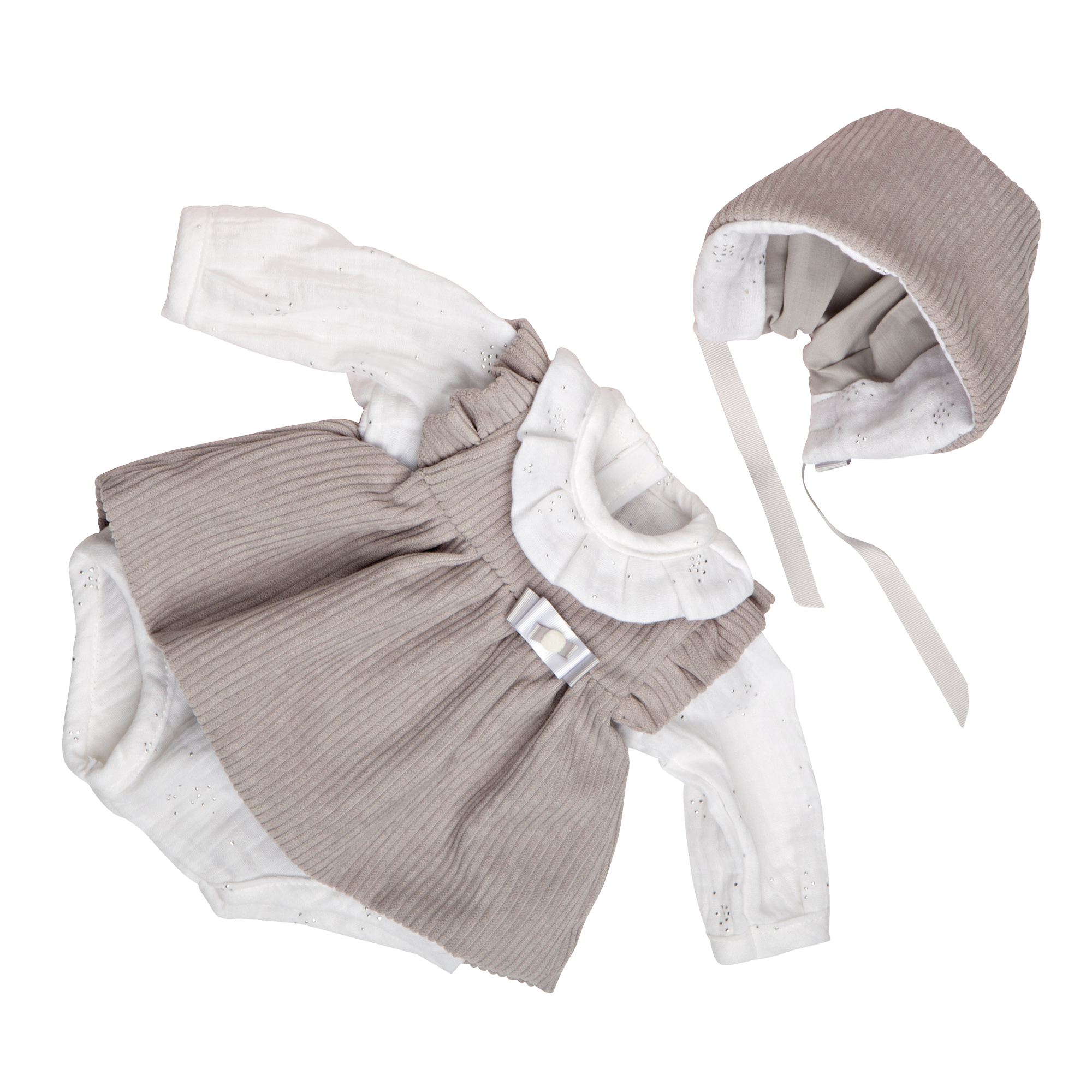 Vestito bebé reborn 45 cm beige a coste con camicia bianca e decorazioni argentate - LOVE BEBÈ
