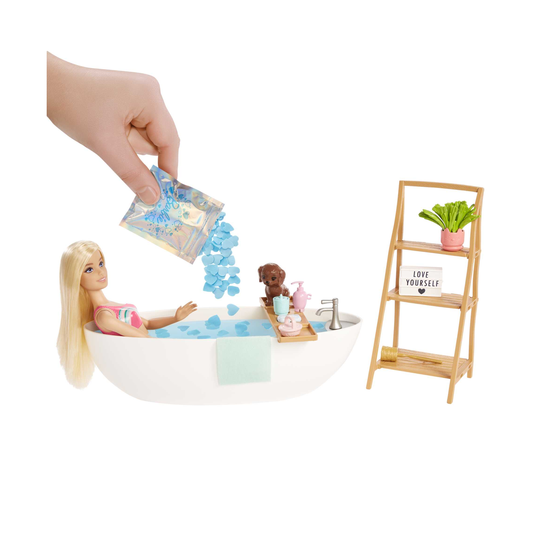 Barbie - vasca relax playset, con 1 bambola, 1 cucciolo, coriandoli di sapone colorati e accessori, giocattolo per bambini, 3+ anni, hkt92 - Barbie