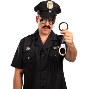 Set poliziotto (cappello,baffi, occhiali, manette) su cartoncino. travestimento ideale per feste in maschera e scherzi - 