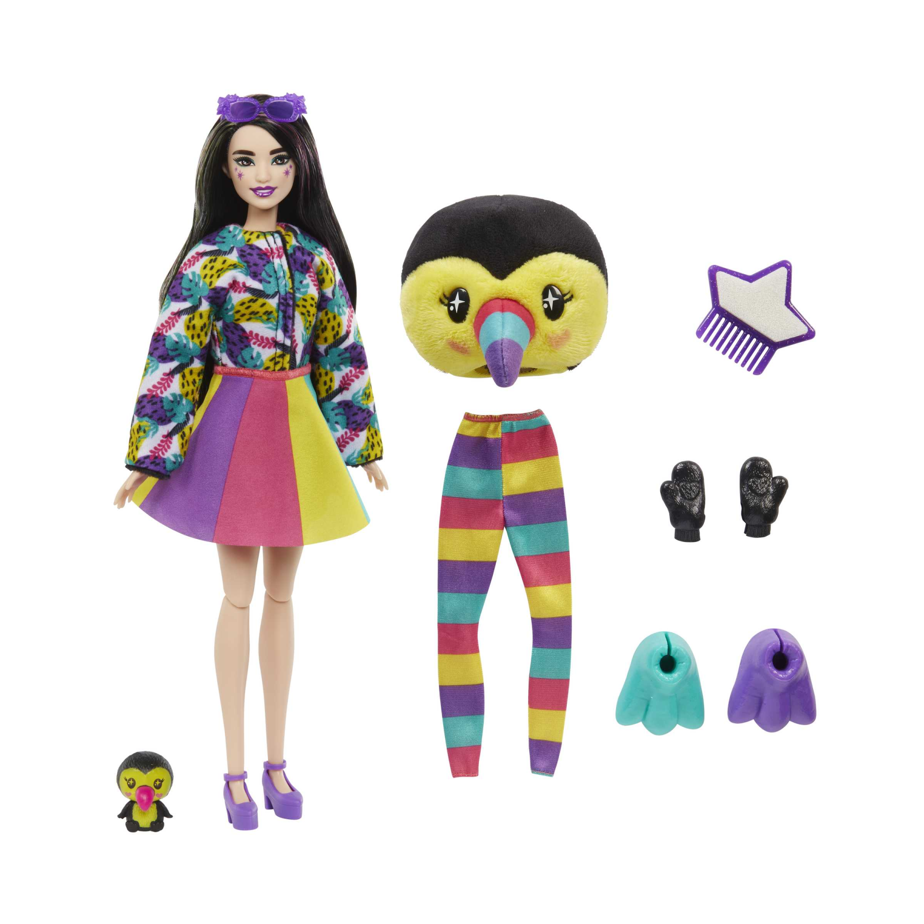 Barbie - barbie cutie reveal tucano, serie amici della giungla, bambola con costume da tucano di peluche e 10 sorprese con tecnologia cambia colore, giocattolo per bambini, 3+ anni, hkr00 - Barbie