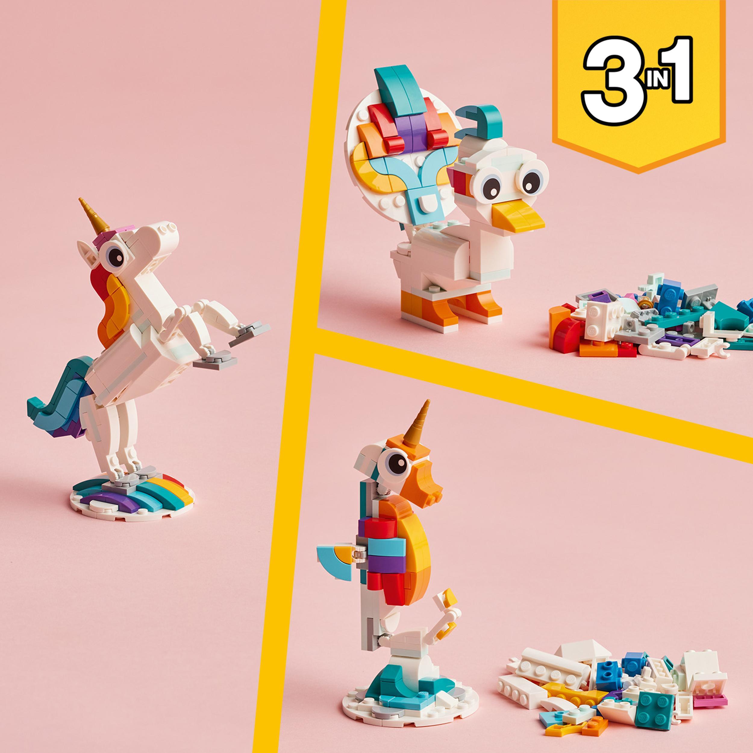 Lego creator 31140 unicorno magico con arcobaleno, set 3 in 1 con animali giocattolo fantastici, cavalluccio marino e pavone - LEGO CREATOR
