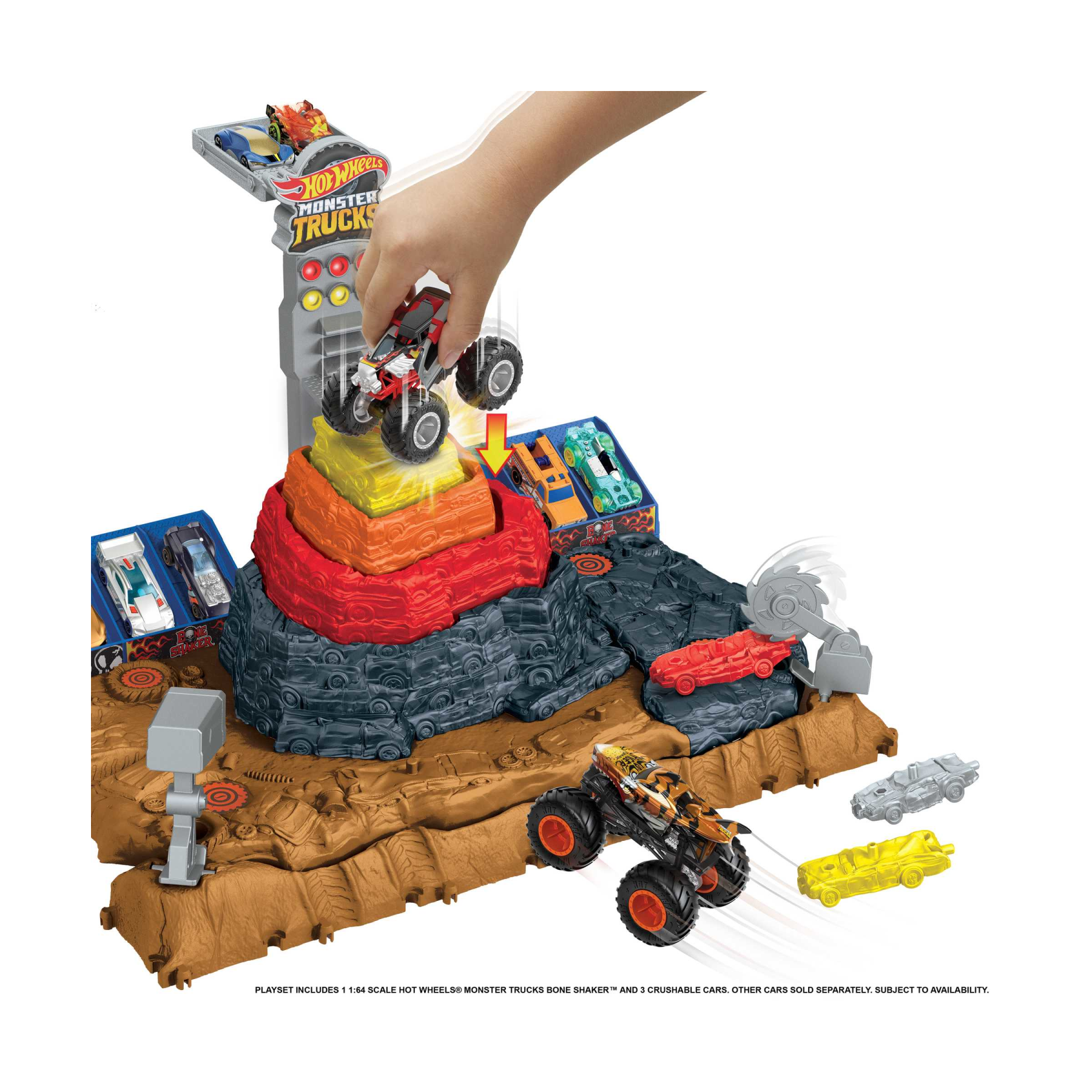 Hot wheels monster trucks - arena degli scontri bone shaker sfida demolizione, playset che include 1 monster truck bone shaker e 3 auto da demolire, giocattolo per bambini, 4+ anni, hnb96 - Hot Wheels