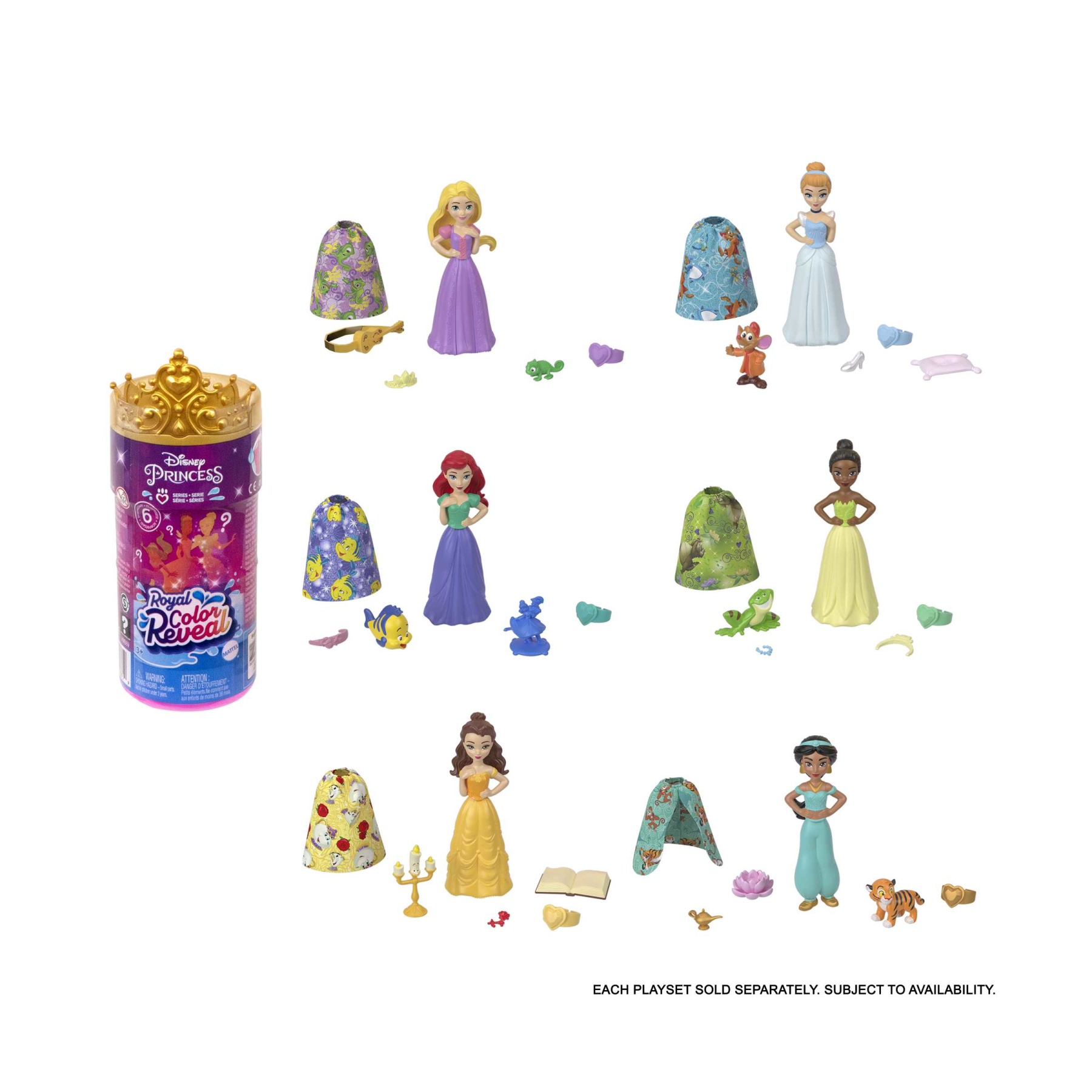 Disney princess - royal color reveal, bambola con 6 sorprese da scoprire tra cui un personaggio, ispirata ai film disney, giocattolo per bambini, 3+ anni, hmb69 - 2567, DISNEY PRINCESS