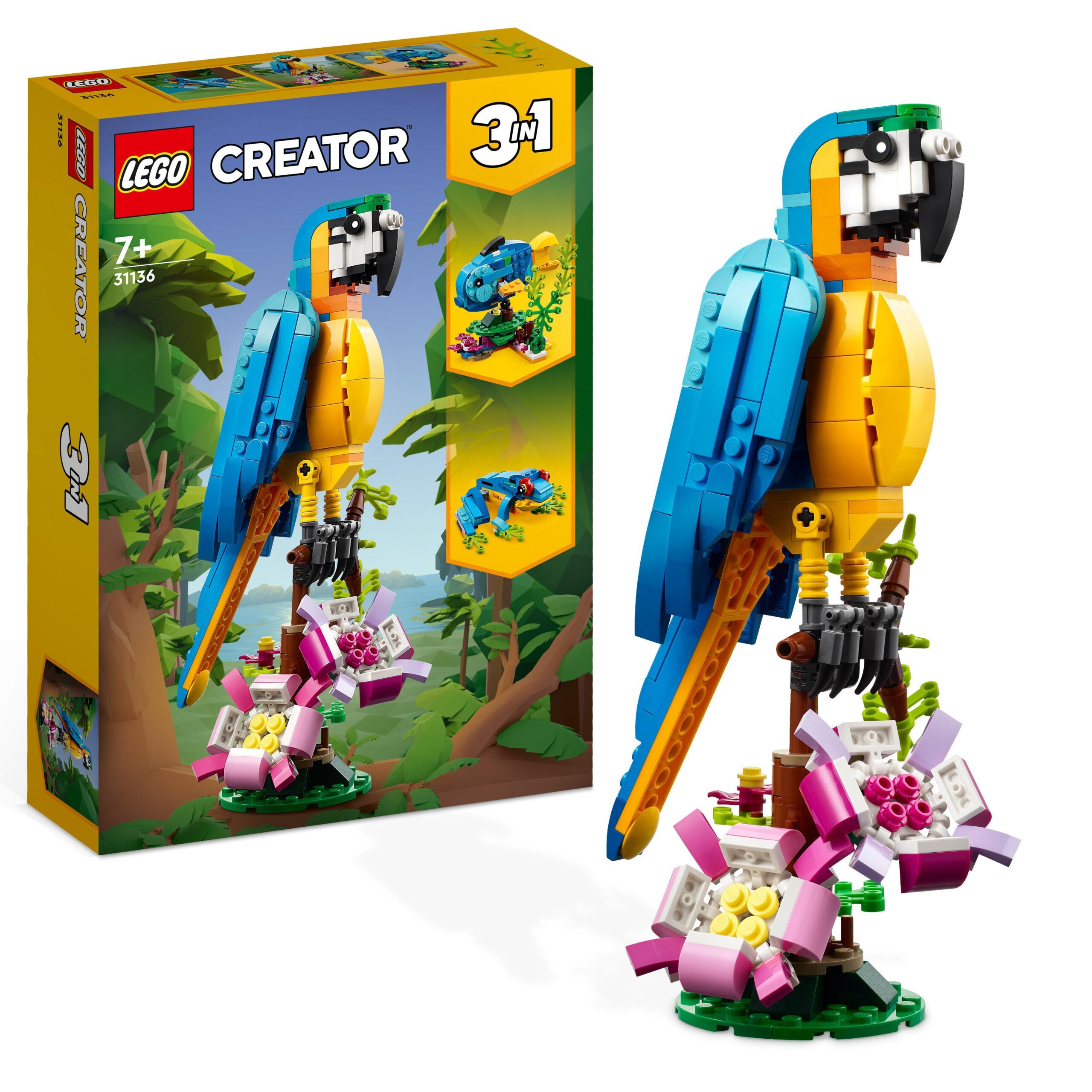 Lego creator 31136 pappagallo esotico, set 3 in 1 con pesce e rana, animali  giocattolo, giochi creativi per bambini da 7 anni - Toys Center